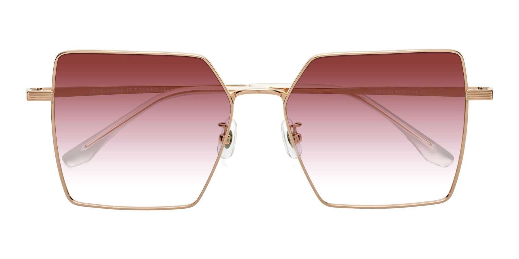 Folded Front of La Villa in Rose Gold with Garnet Gradient Lenses