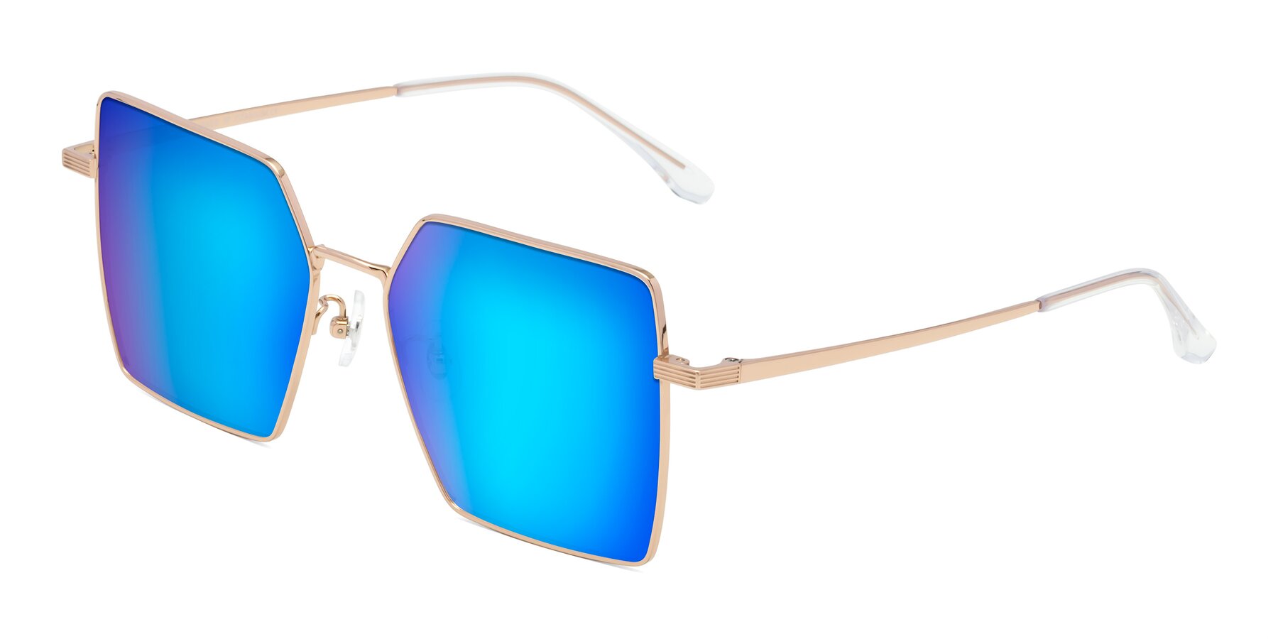 Angle of La Villa in Rose Gold with Blue Mirrored Lenses
