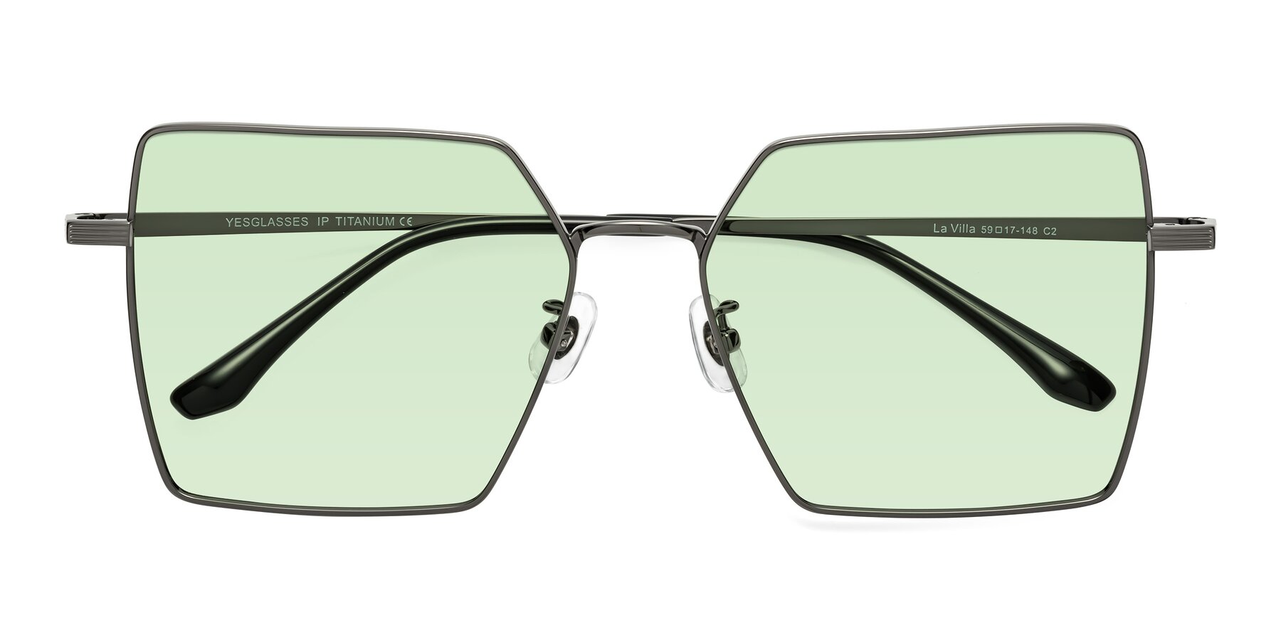 Folded Front of La Villa in Gunmetal with Light Green Tinted Lenses