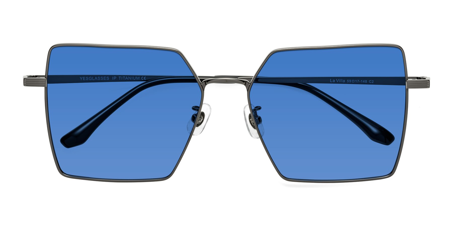 Folded Front of La Villa in Gunmetal with Blue Tinted Lenses