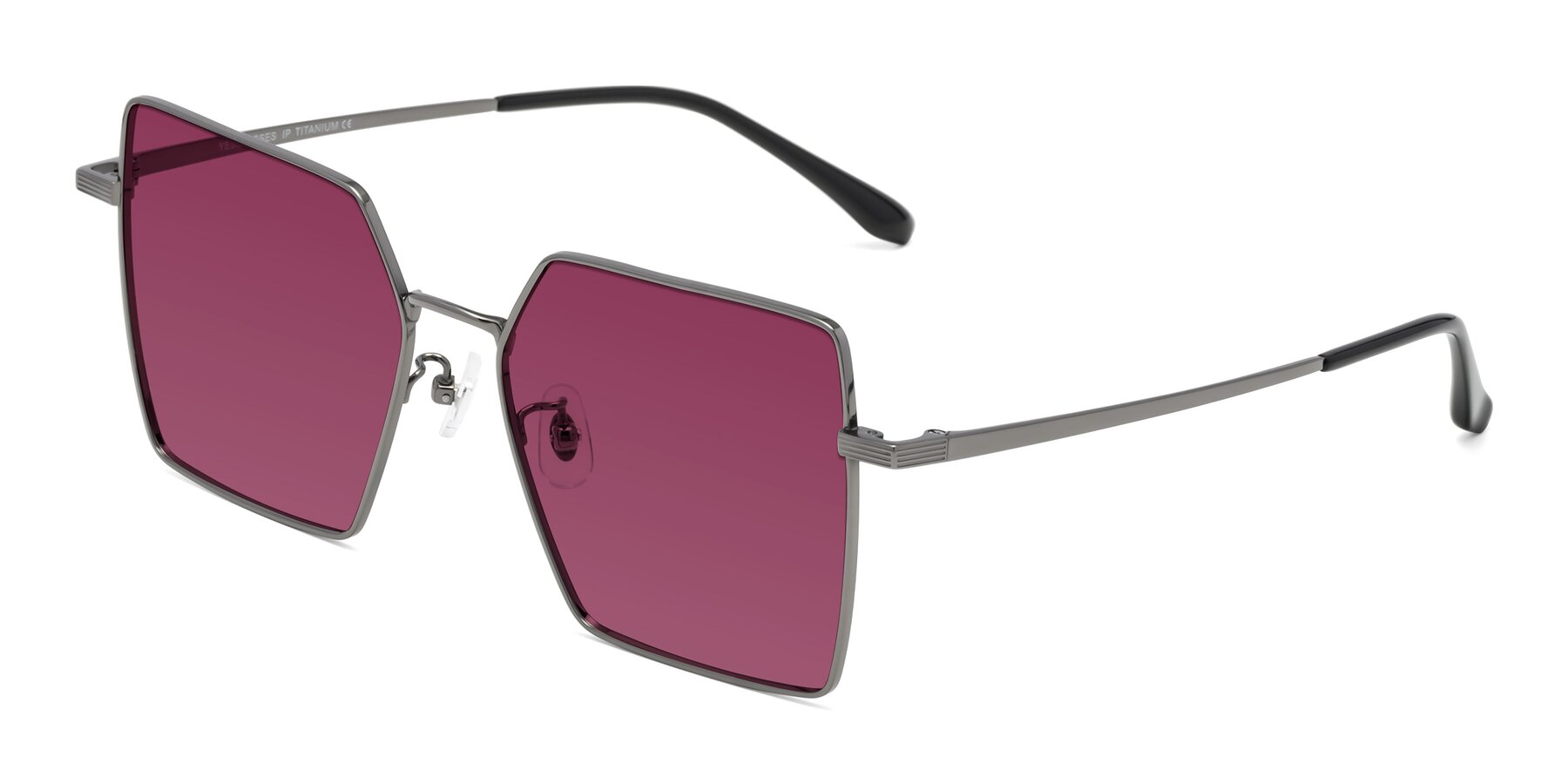 Angle of La Villa in Gunmetal with Wine Tinted Lenses