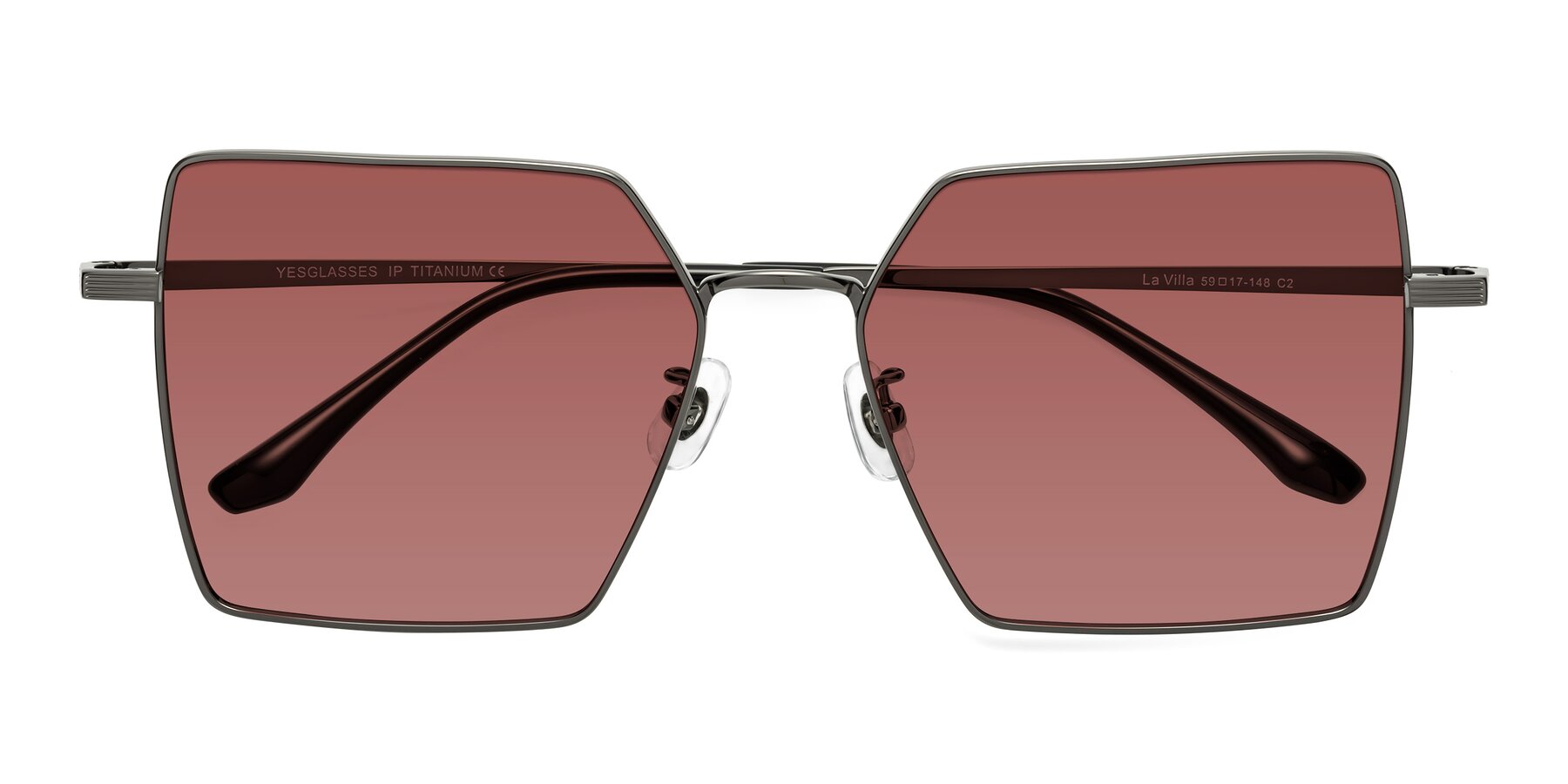 Folded Front of La Villa in Gunmetal with Garnet Tinted Lenses