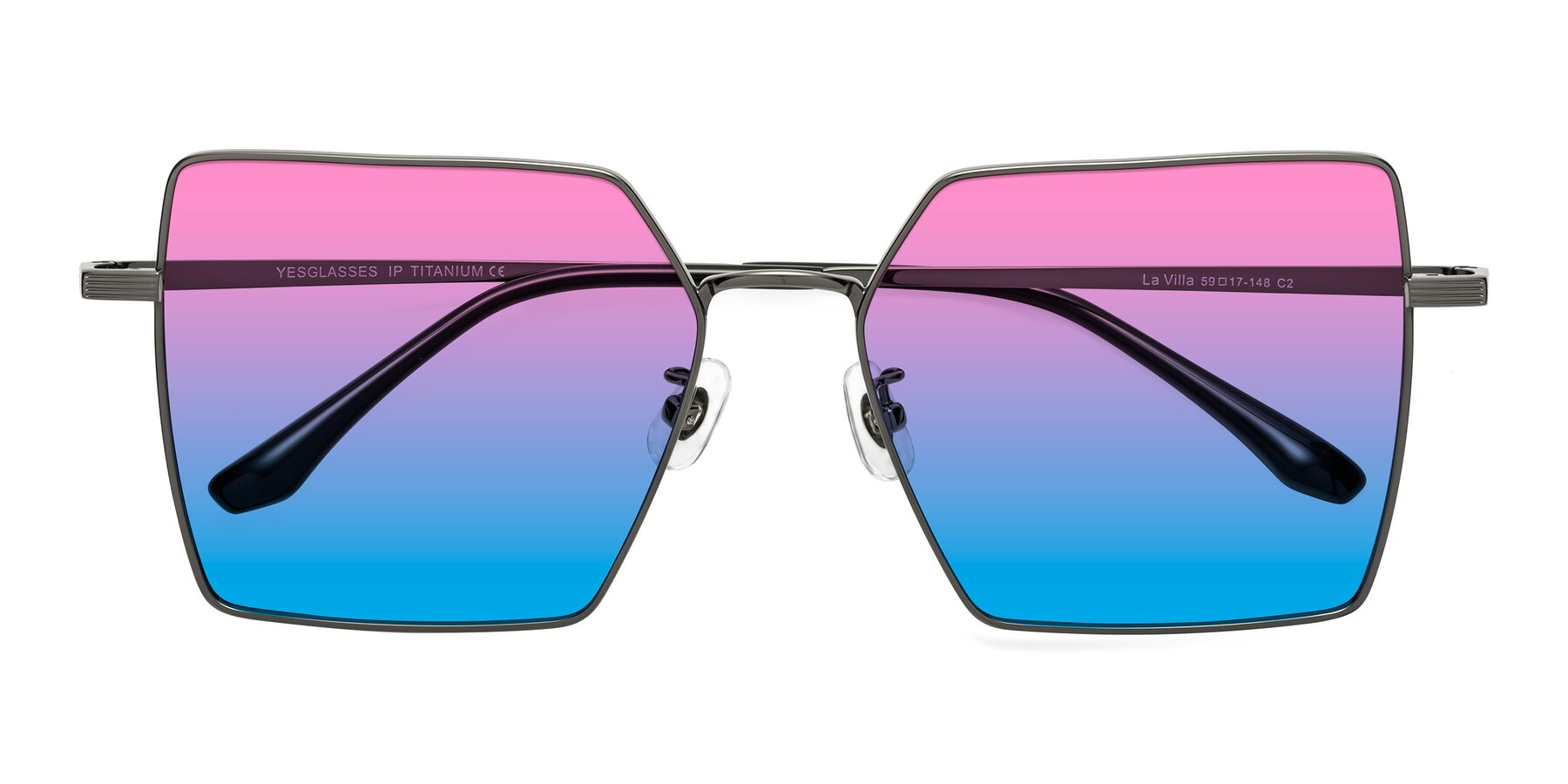 Folded Front of La Villa in Gunmetal with Pink / Blue Gradient Lenses