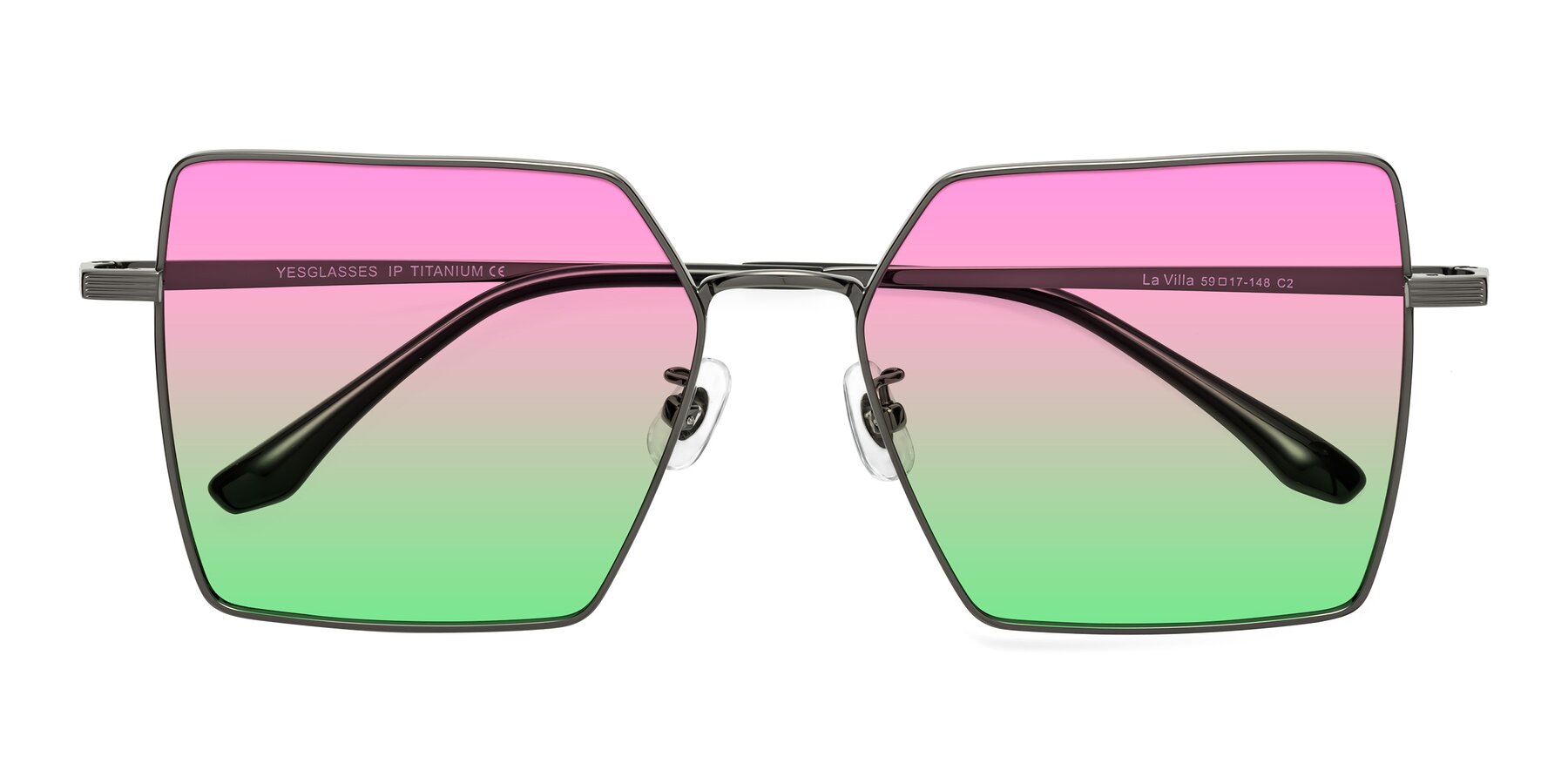 Folded Front of La Villa in Gunmetal with Pink / Green Gradient Lenses