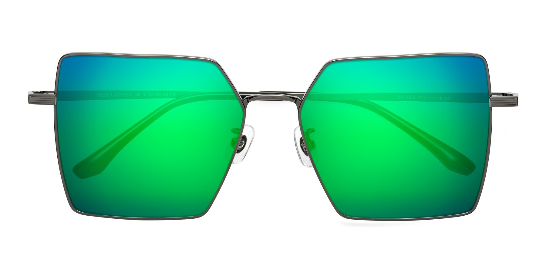 Folded Front of La Villa in Gunmetal with Green Mirrored Lenses