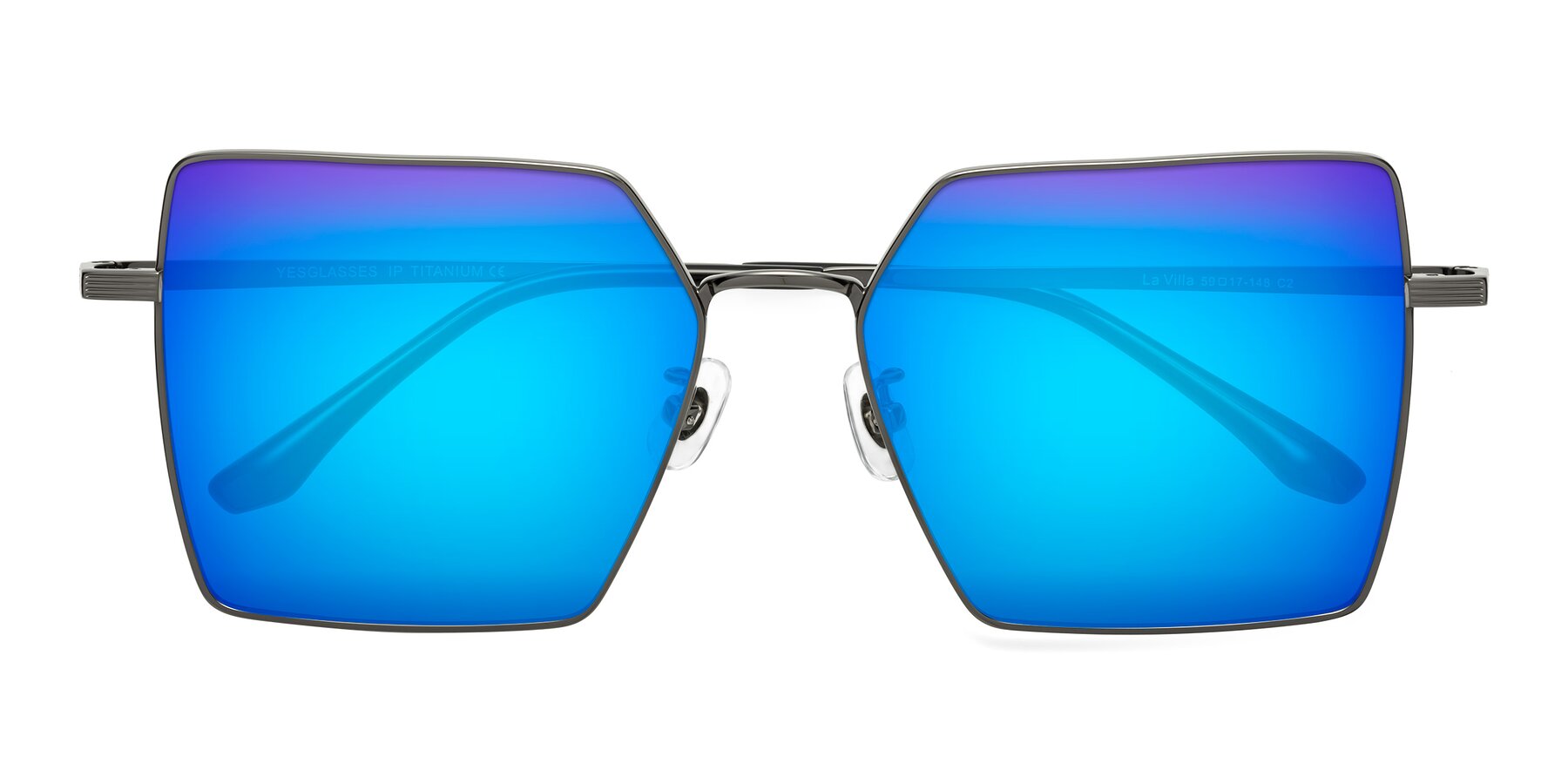 Folded Front of La Villa in Gunmetal with Blue Mirrored Lenses