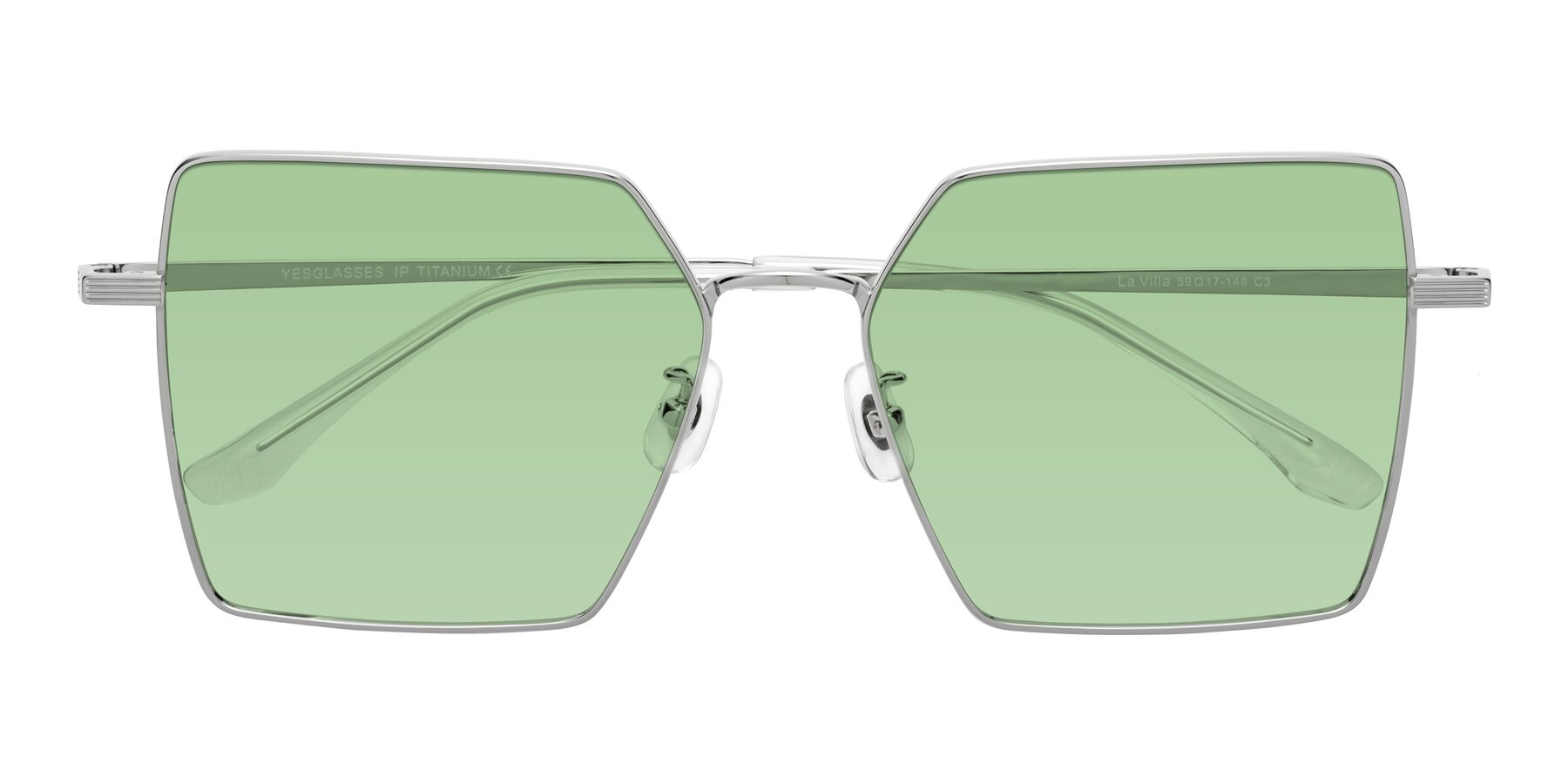 Folded Front of La Villa in Silver with Medium Green Tinted Lenses