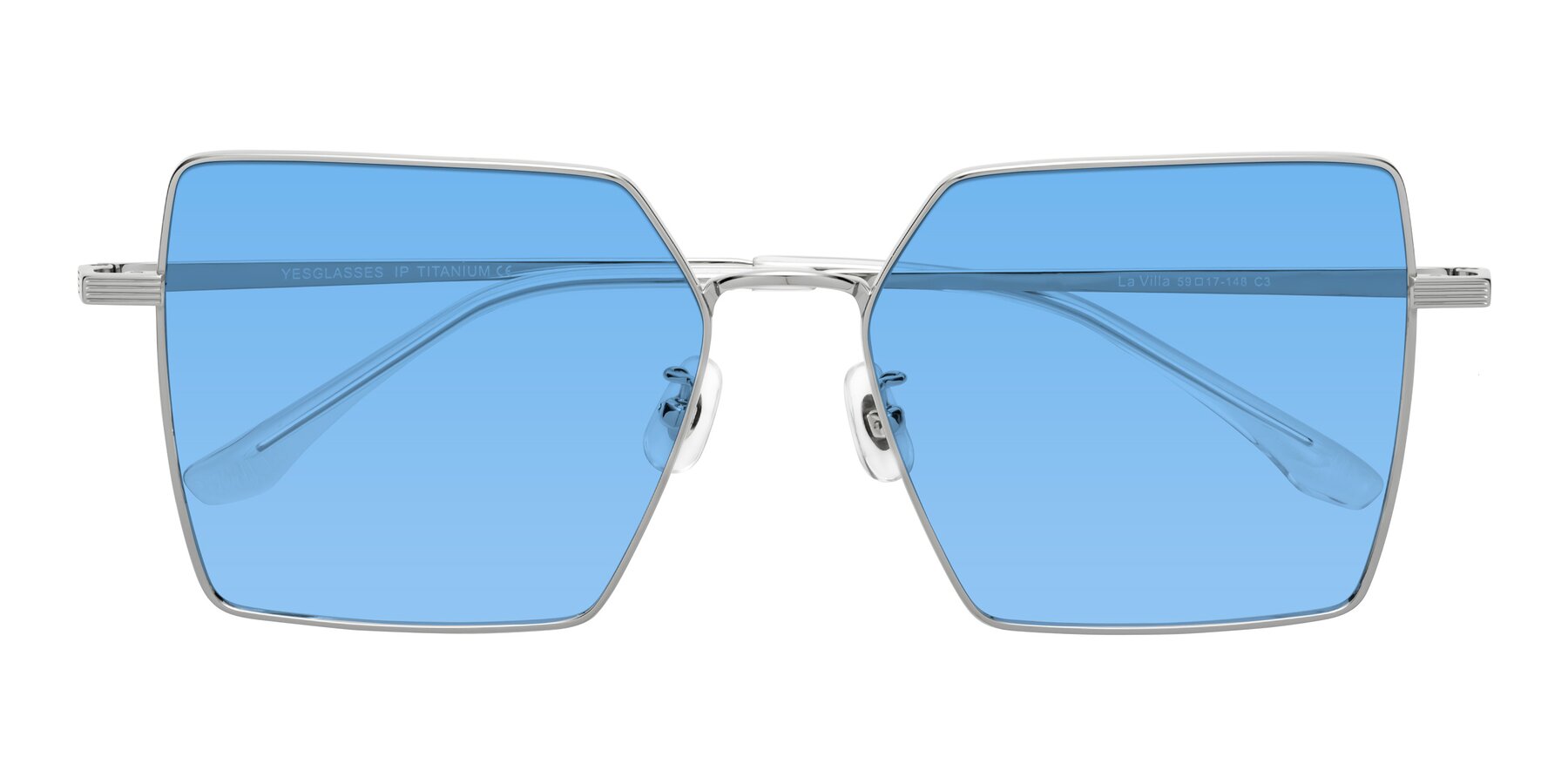 Folded Front of La Villa in Silver with Medium Blue Tinted Lenses