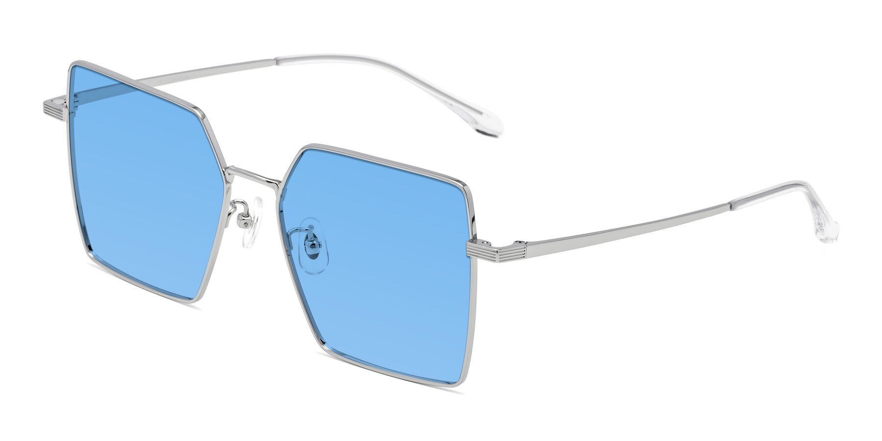 Angle of La Villa in Silver with Medium Blue Tinted Lenses