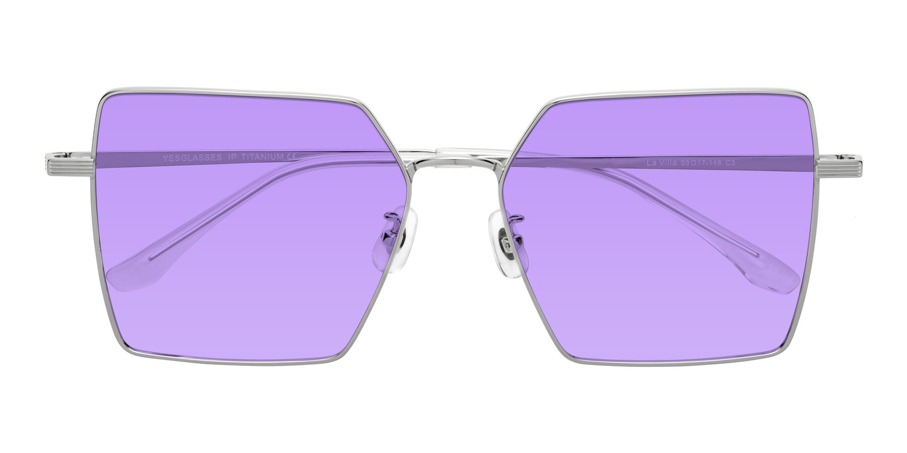 Folded Front of La Villa in Silver with Medium Purple Tinted Lenses