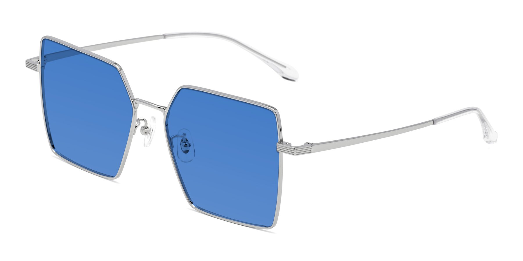 Angle of La Villa in Silver with Blue Tinted Lenses