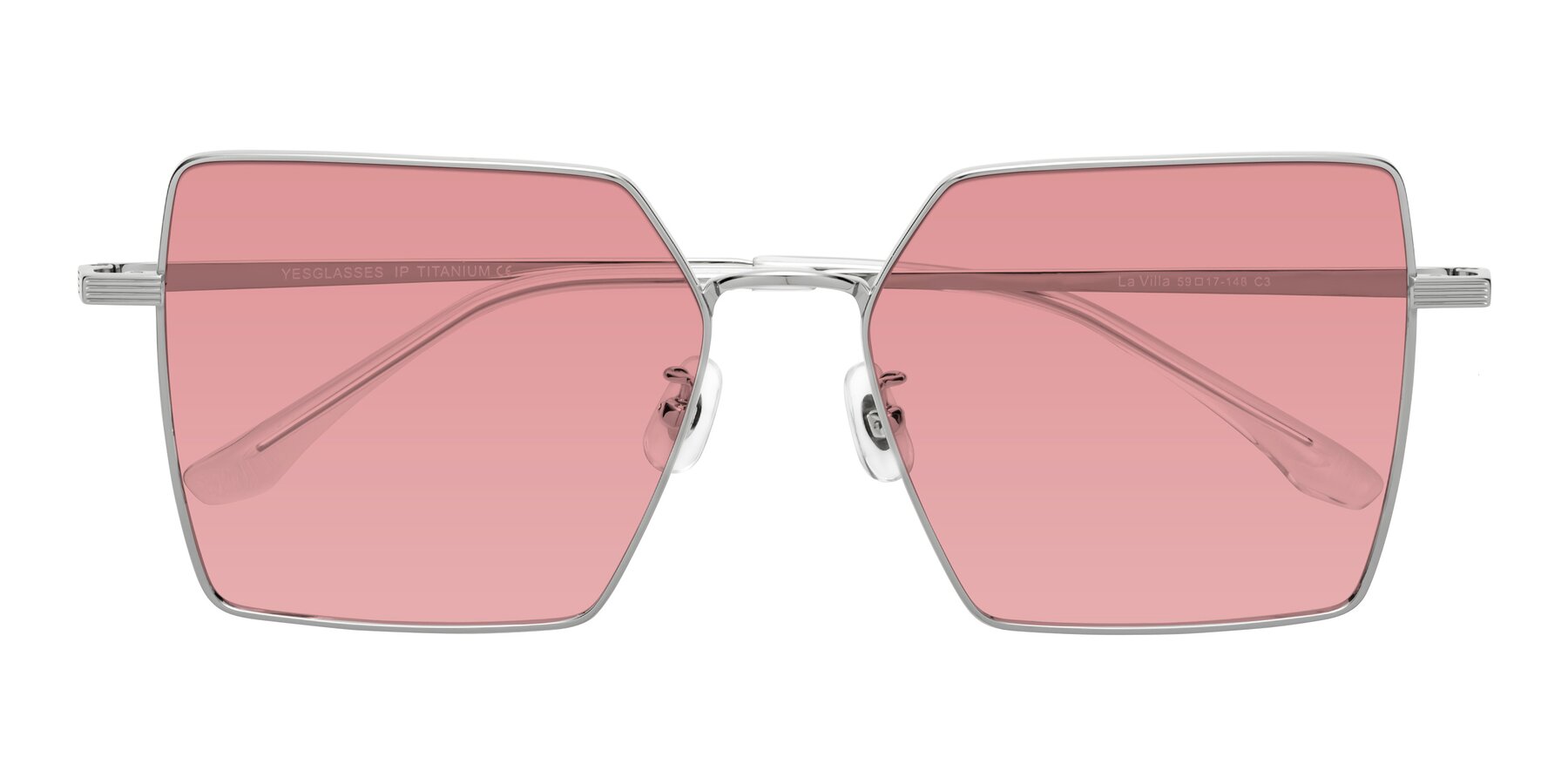 Folded Front of La Villa in Silver with Medium Garnet Tinted Lenses