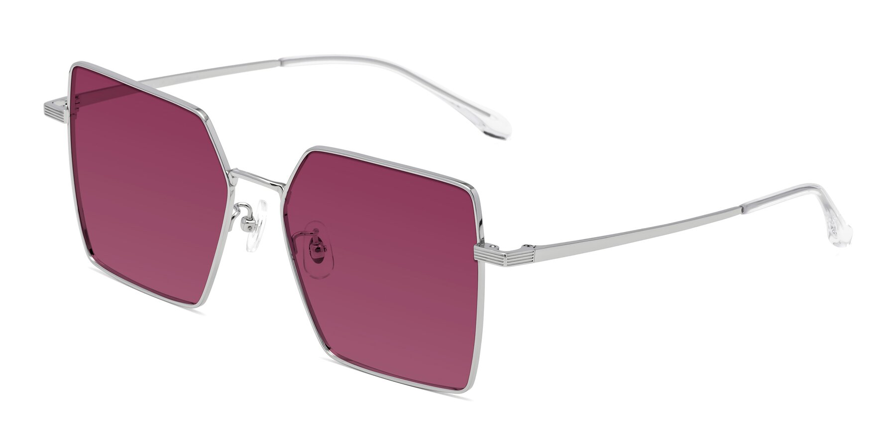 Angle of La Villa in Silver with Wine Tinted Lenses