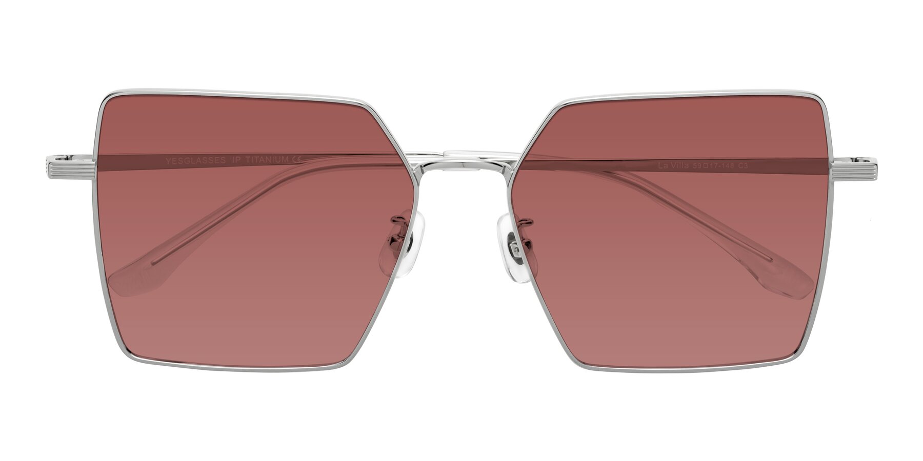 Folded Front of La Villa in Silver with Garnet Tinted Lenses