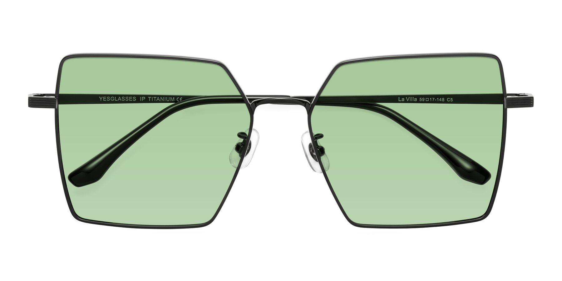 Folded Front of La Villa in Black with Medium Green Tinted Lenses