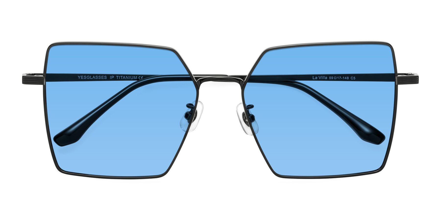 Folded Front of La Villa in Black with Medium Blue Tinted Lenses