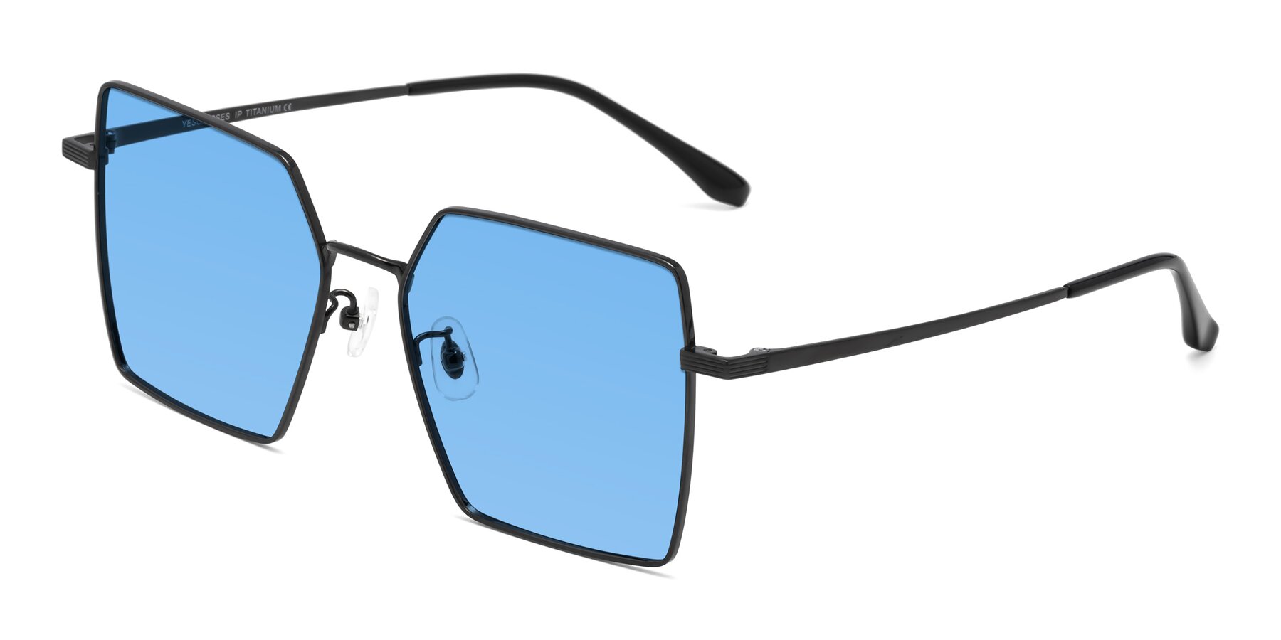 Angle of La Villa in Black with Medium Blue Tinted Lenses