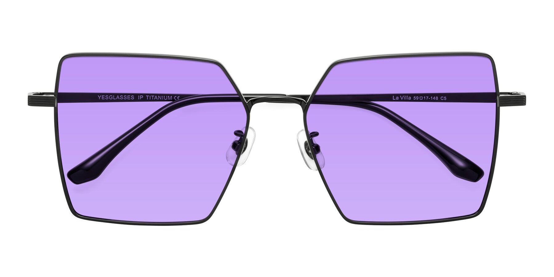 Folded Front of La Villa in Black with Medium Purple Tinted Lenses