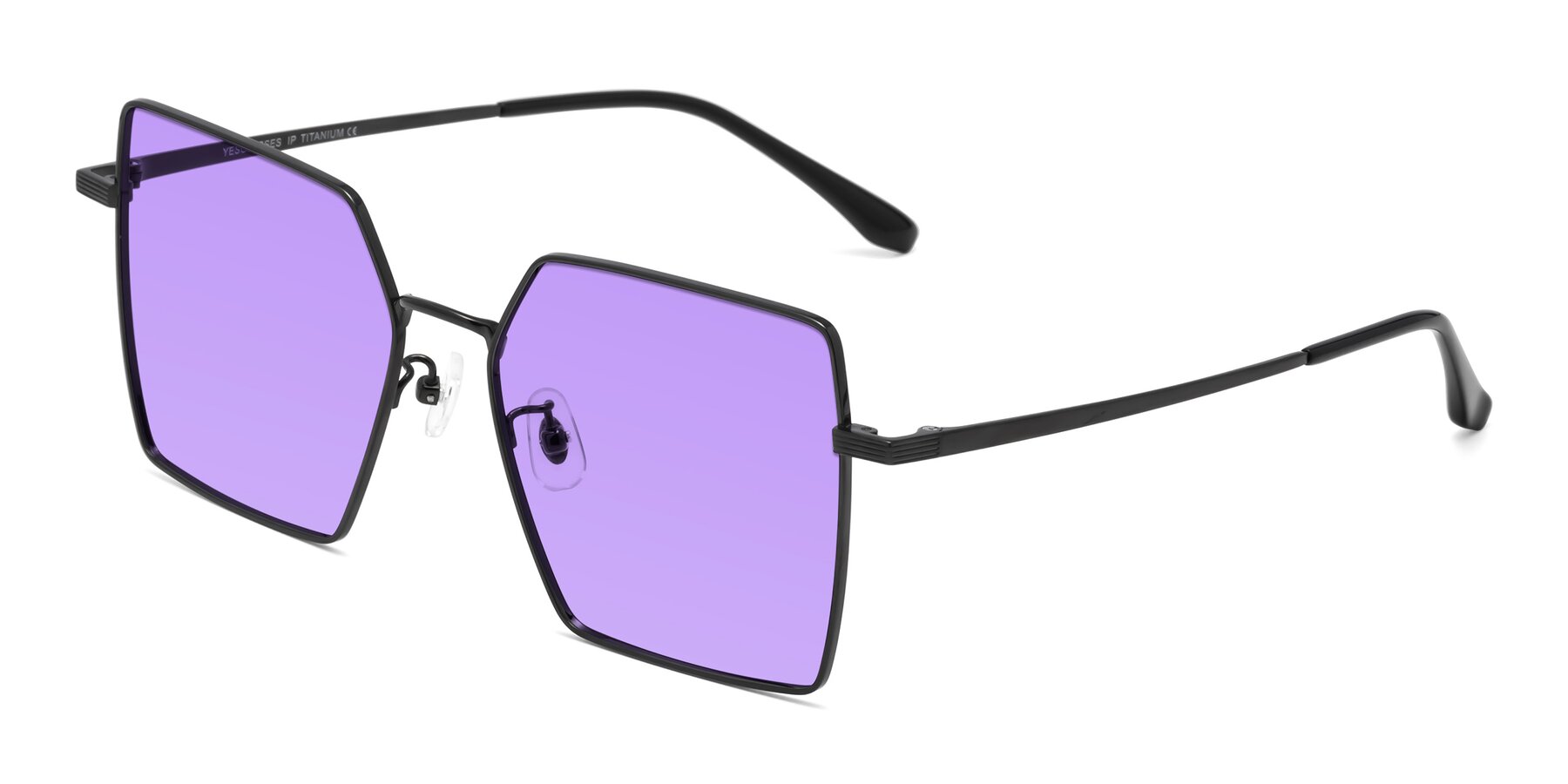 Angle of La Villa in Black with Medium Purple Tinted Lenses