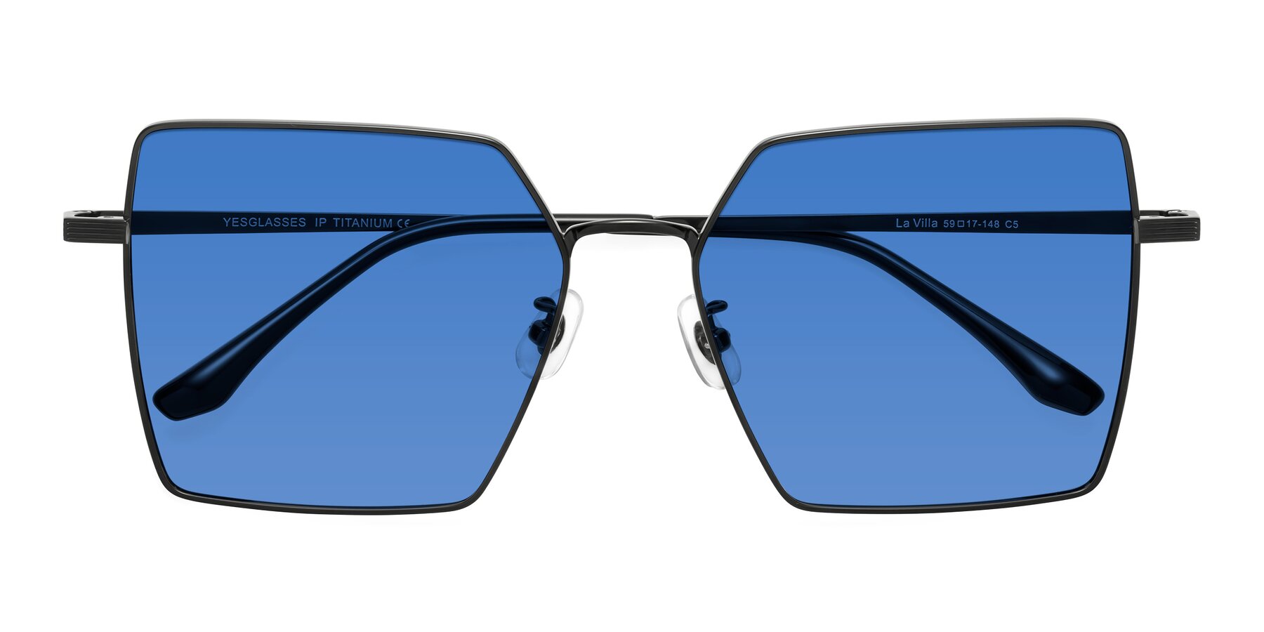 Folded Front of La Villa in Black with Blue Tinted Lenses