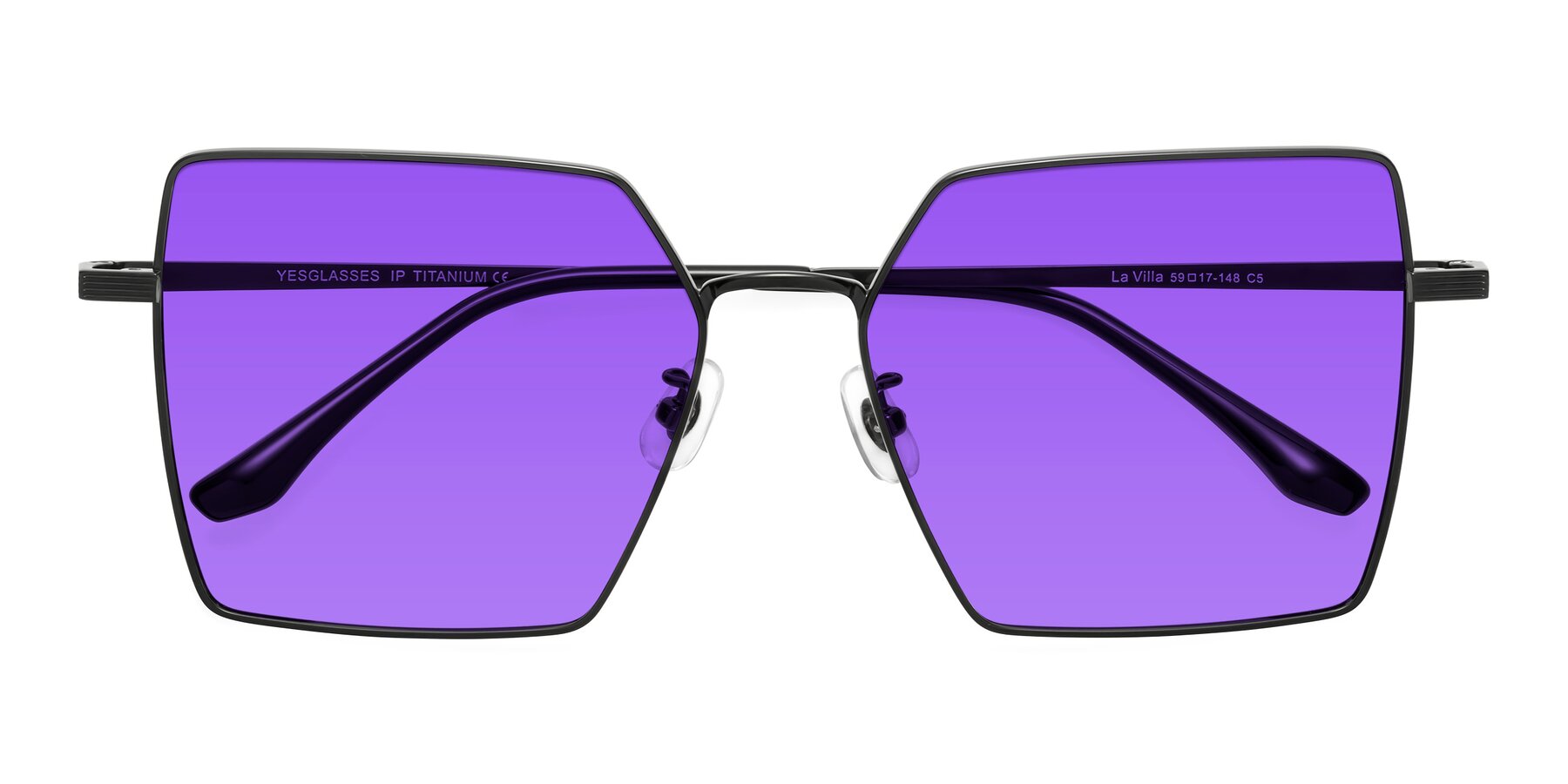 Folded Front of La Villa in Black with Purple Tinted Lenses