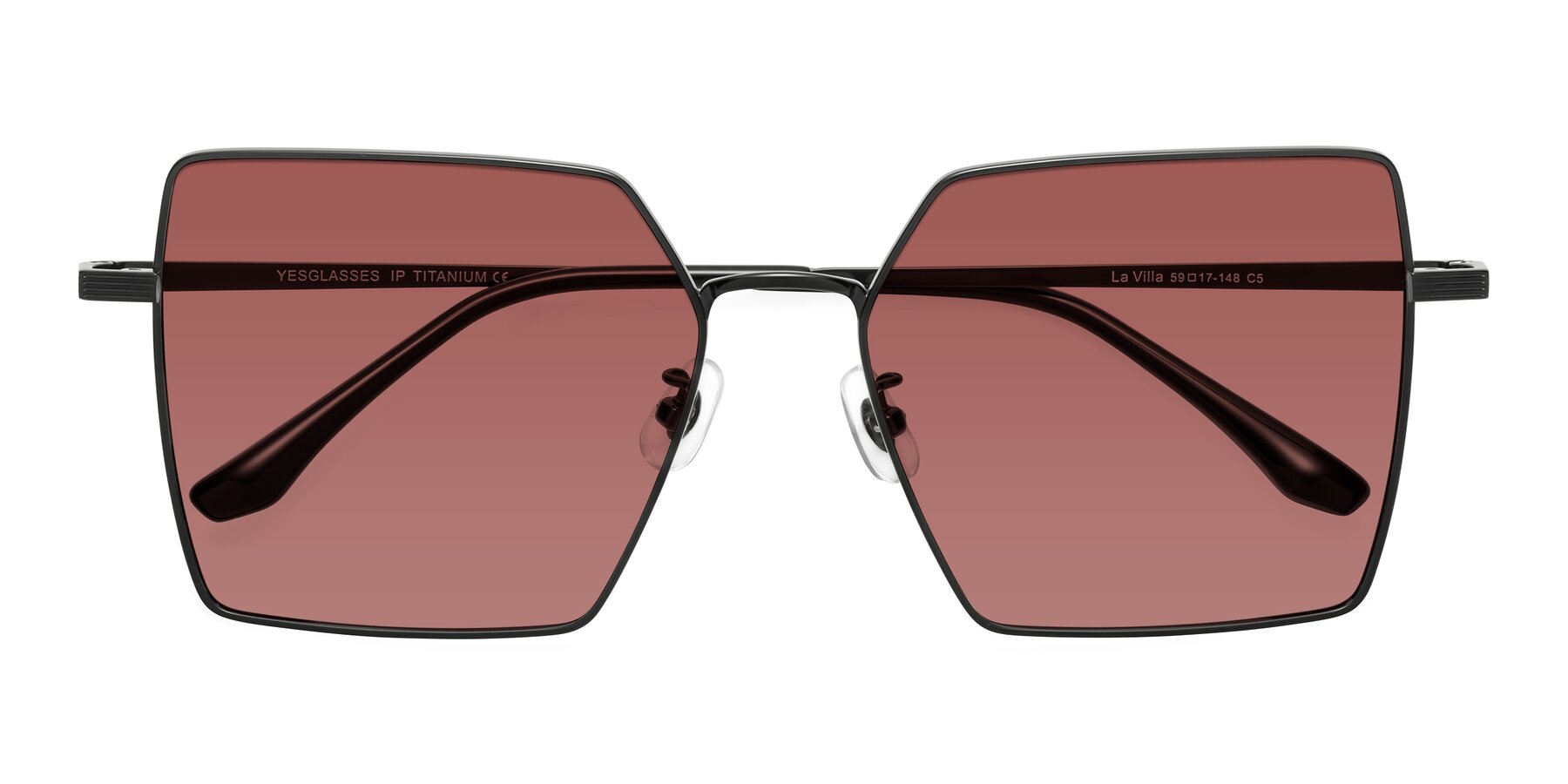 Folded Front of La Villa in Black with Garnet Tinted Lenses