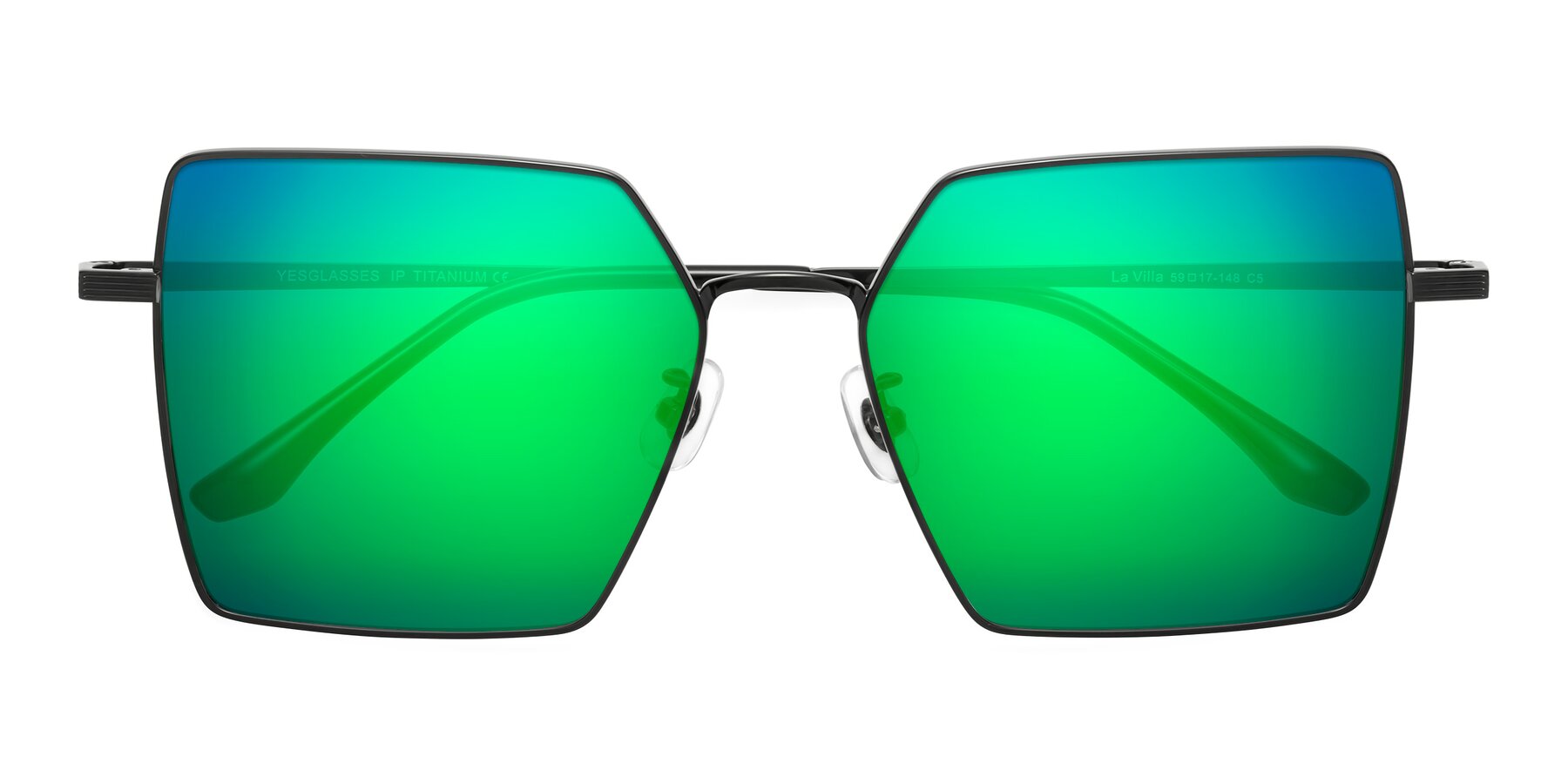 Folded Front of La Villa in Black with Green Mirrored Lenses