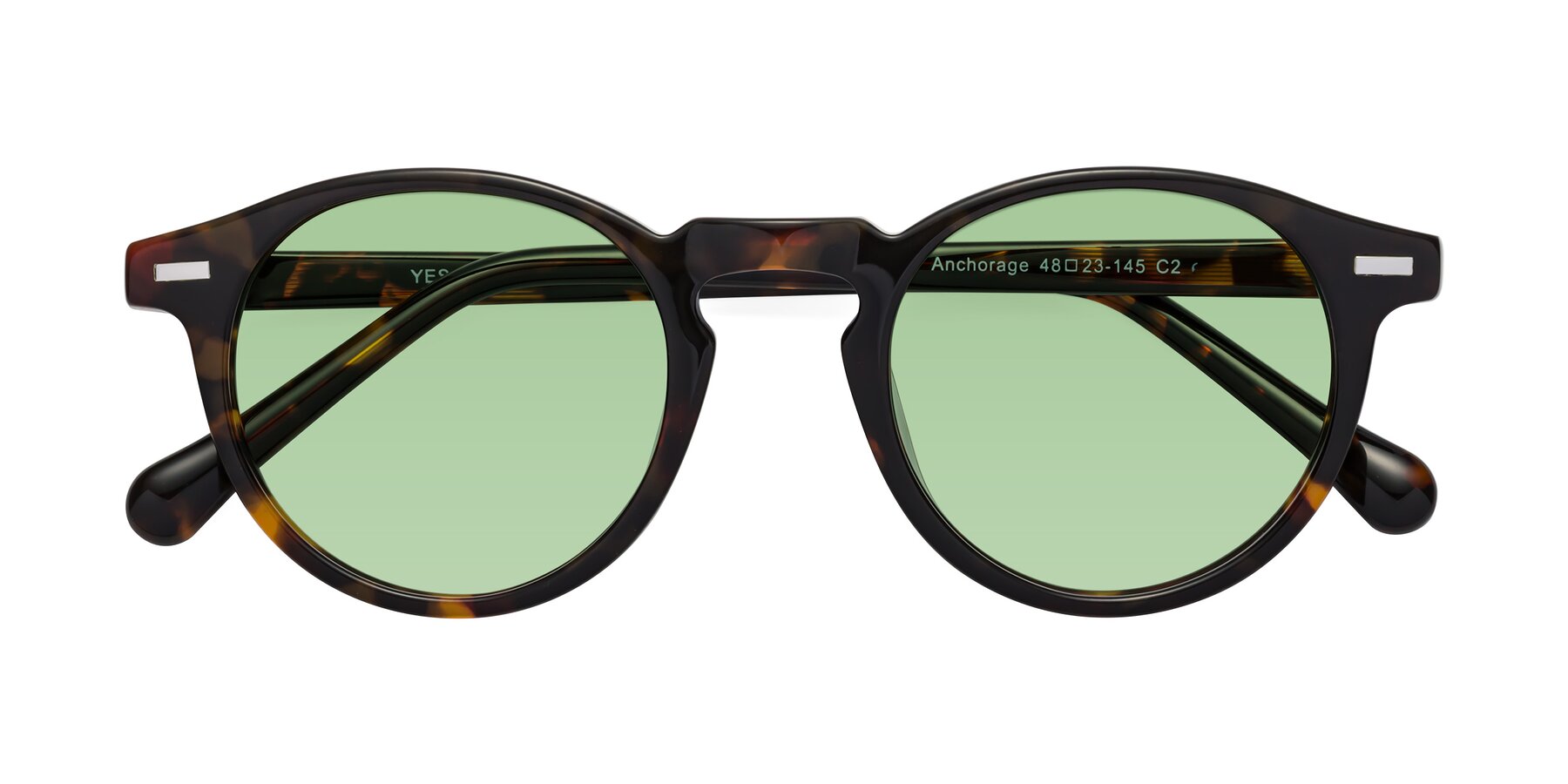 Folded Front of Anchorage in Tortoise with Medium Green Tinted Lenses