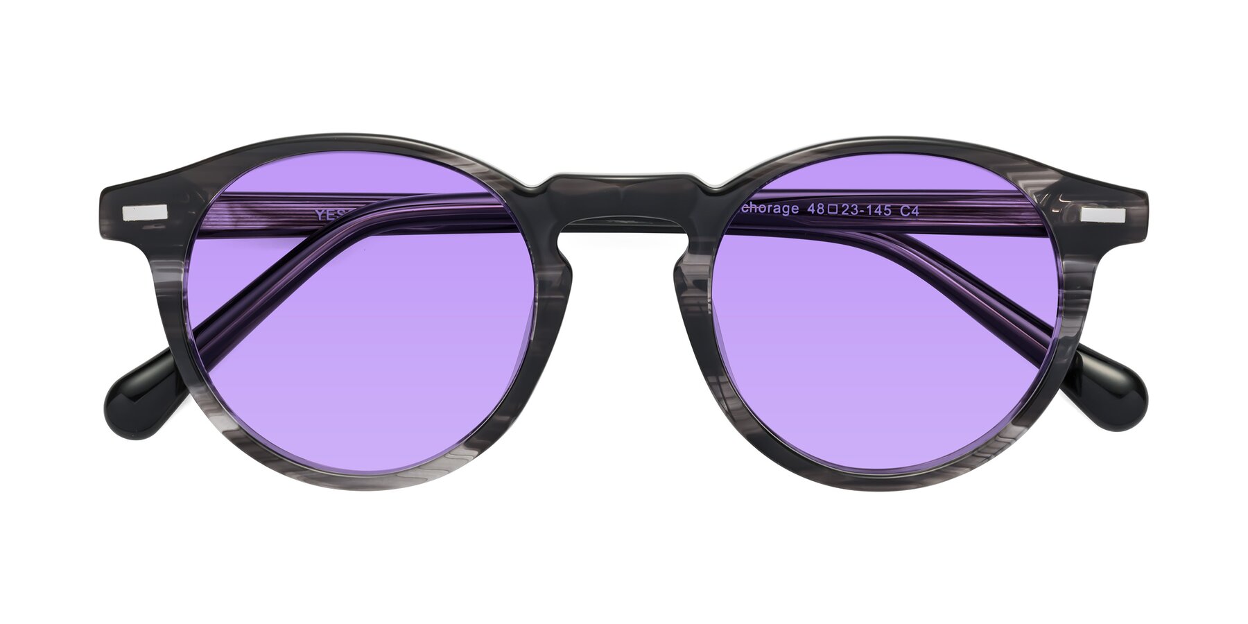 Folded Front of Anchorage in Striped Gray with Medium Purple Tinted Lenses