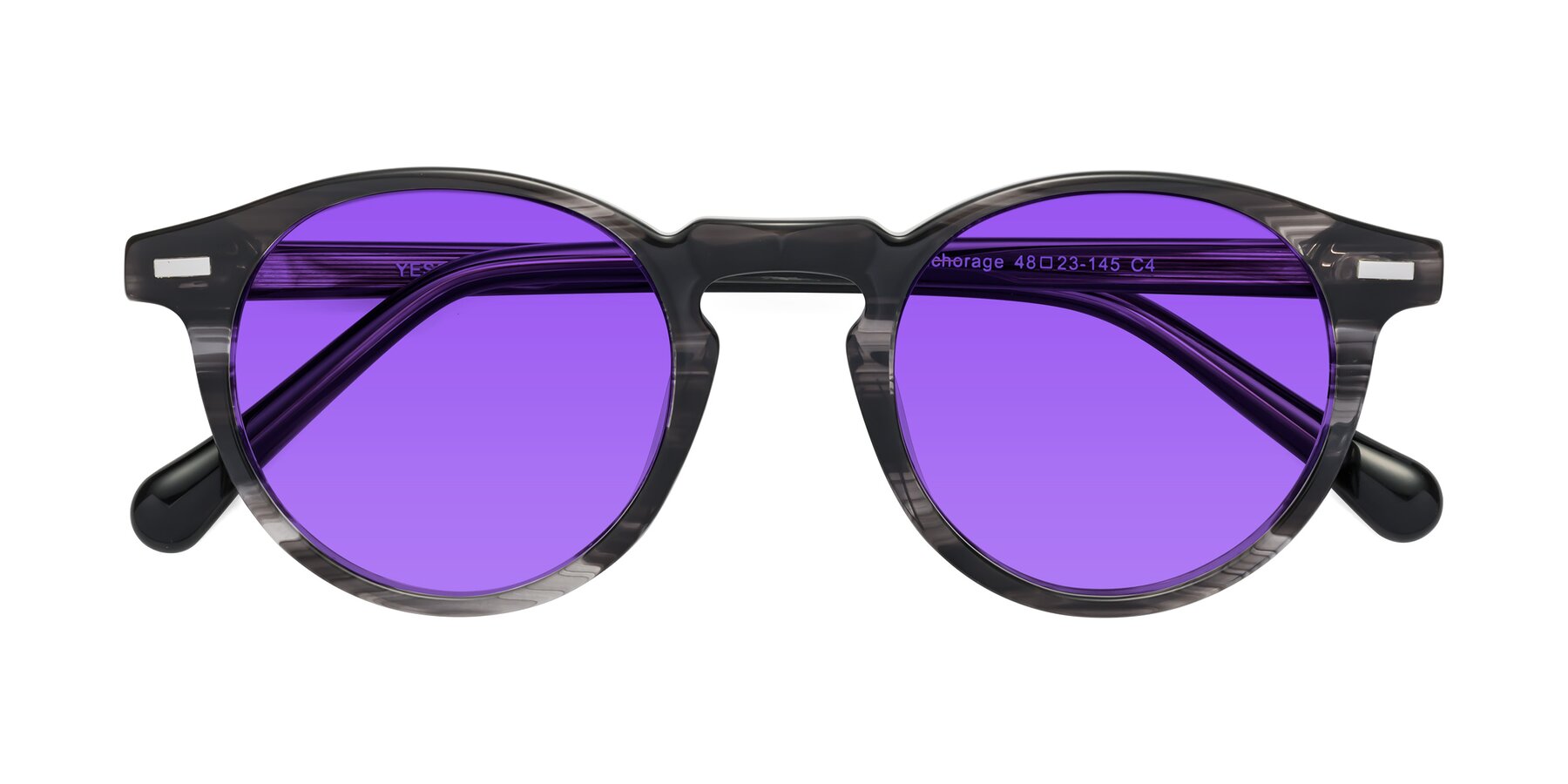 Folded Front of Anchorage in Striped Gray with Purple Tinted Lenses