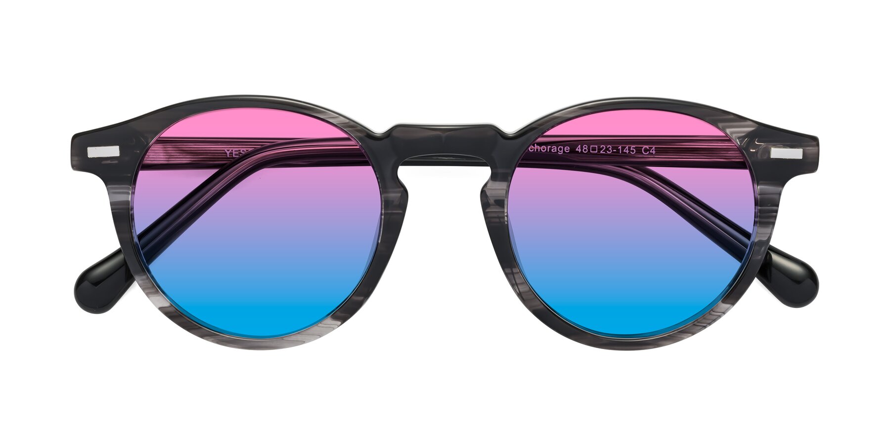 Folded Front of Anchorage in Striped Gray with Pink / Blue Gradient Lenses