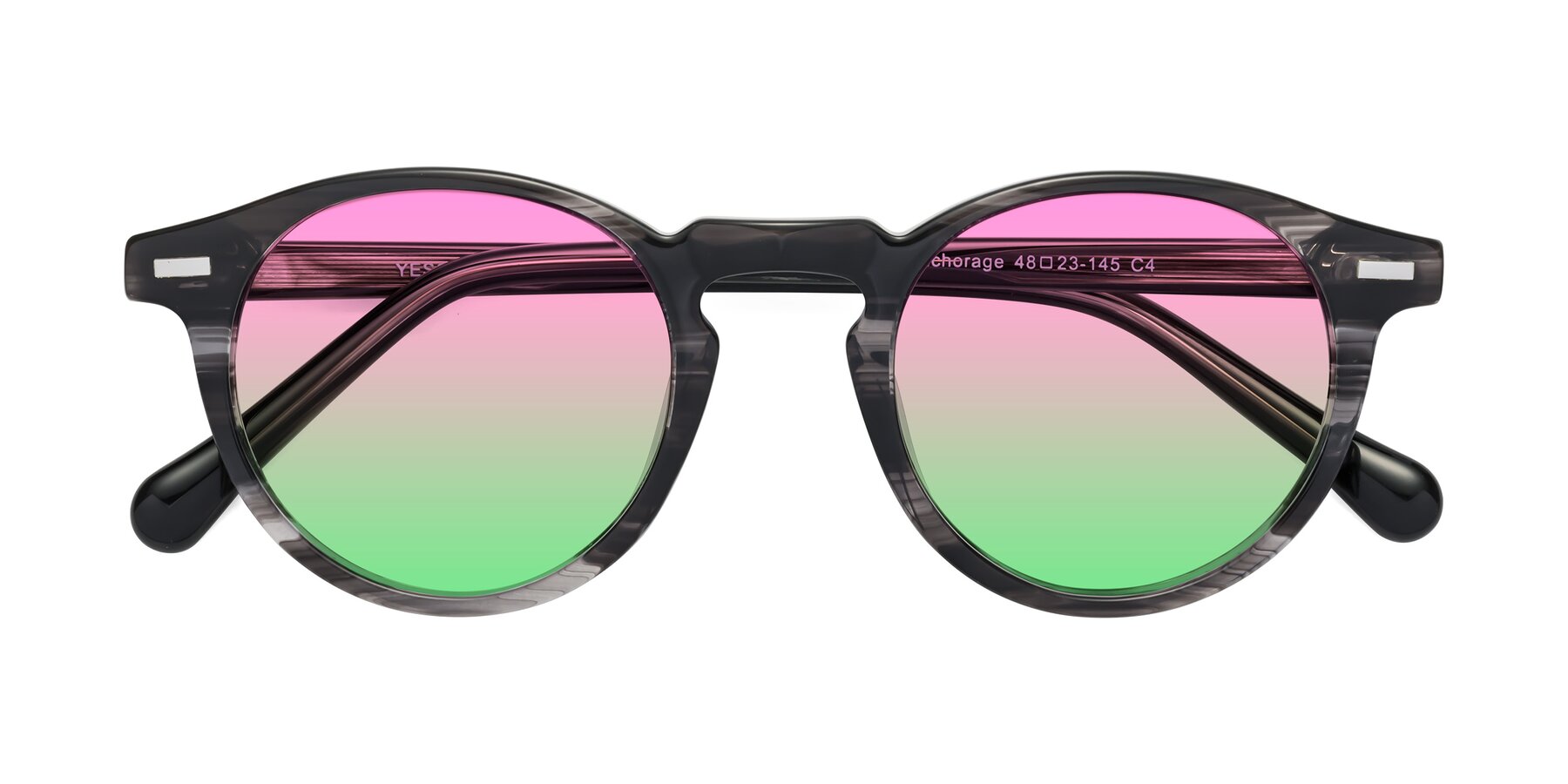Folded Front of Anchorage in Striped Gray with Pink / Green Gradient Lenses