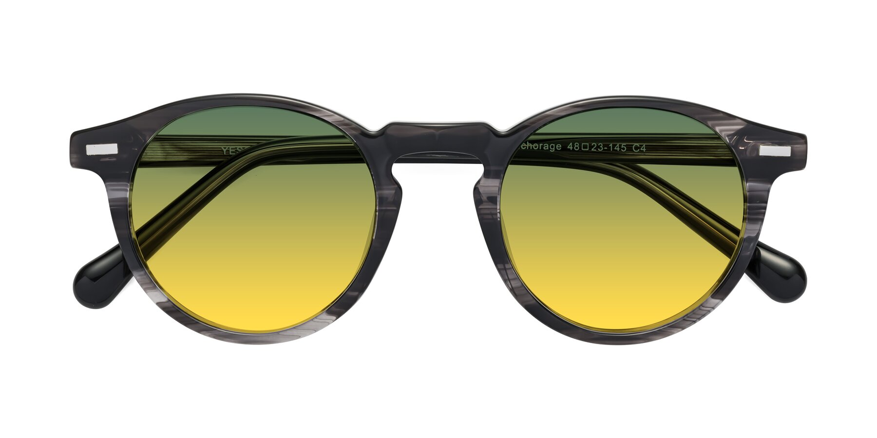 Folded Front of Anchorage in Striped Gray with Green / Yellow Gradient Lenses