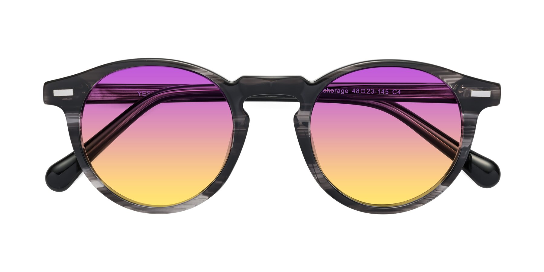 Folded Front of Anchorage in Striped Gray with Purple / Yellow Gradient Lenses