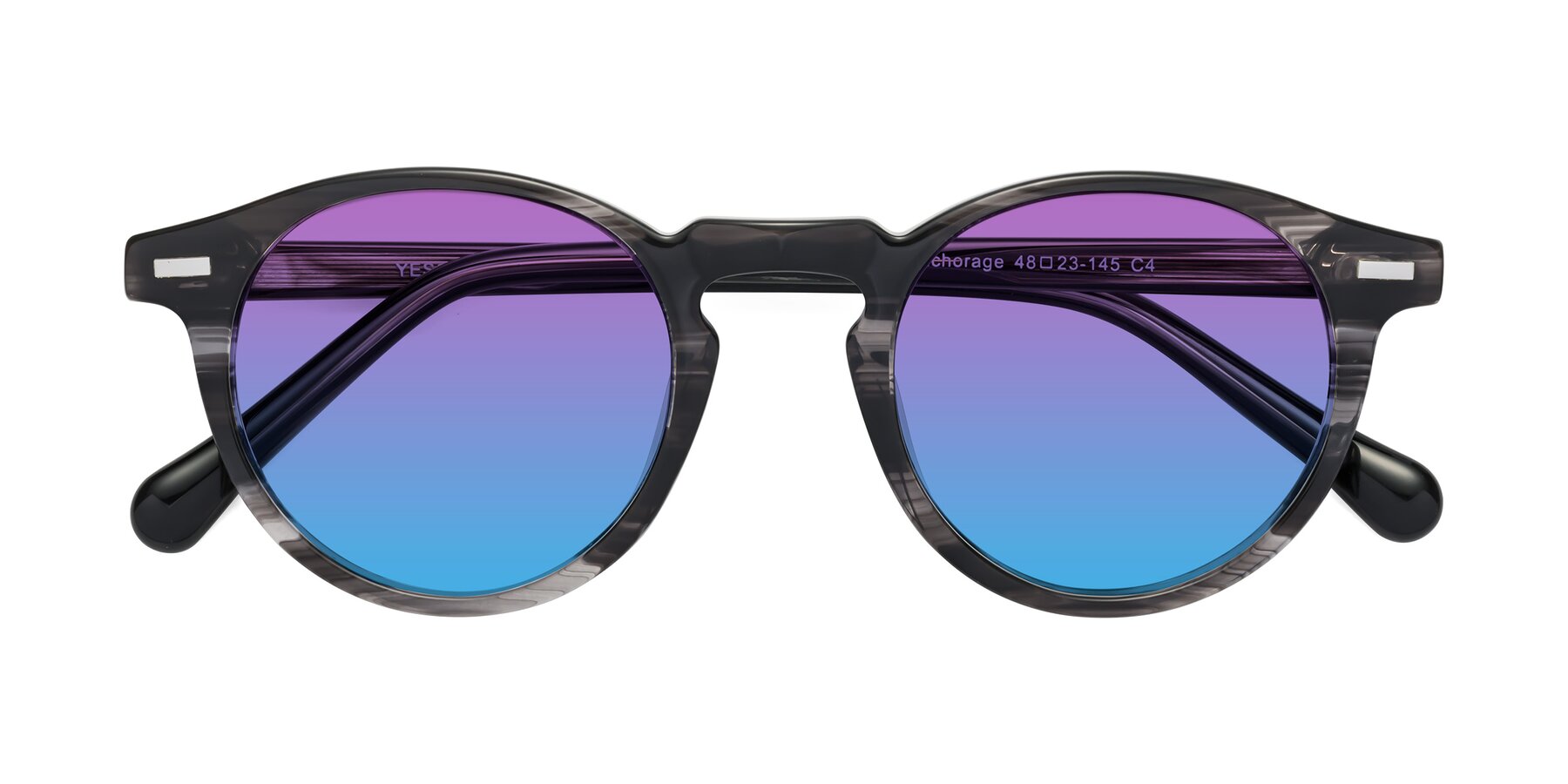 Folded Front of Anchorage in Striped Gray with Purple / Blue Gradient Lenses