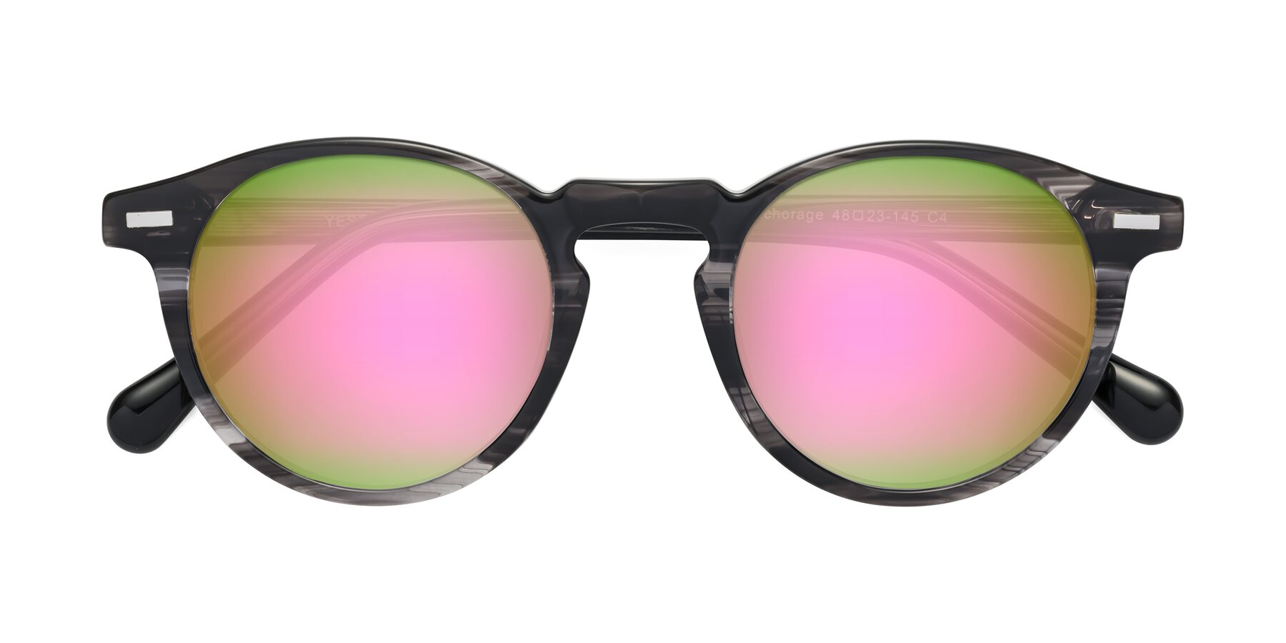Folded Front of Anchorage in Striped Gray with Pink Mirrored Lenses