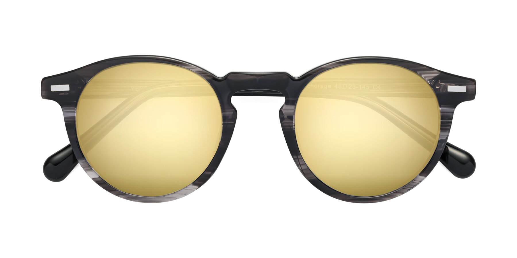 Folded Front of Anchorage in Striped Gray with Gold Mirrored Lenses