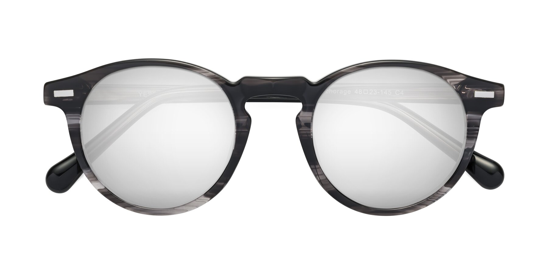 Folded Front of Anchorage in Striped Gray with Silver Mirrored Lenses