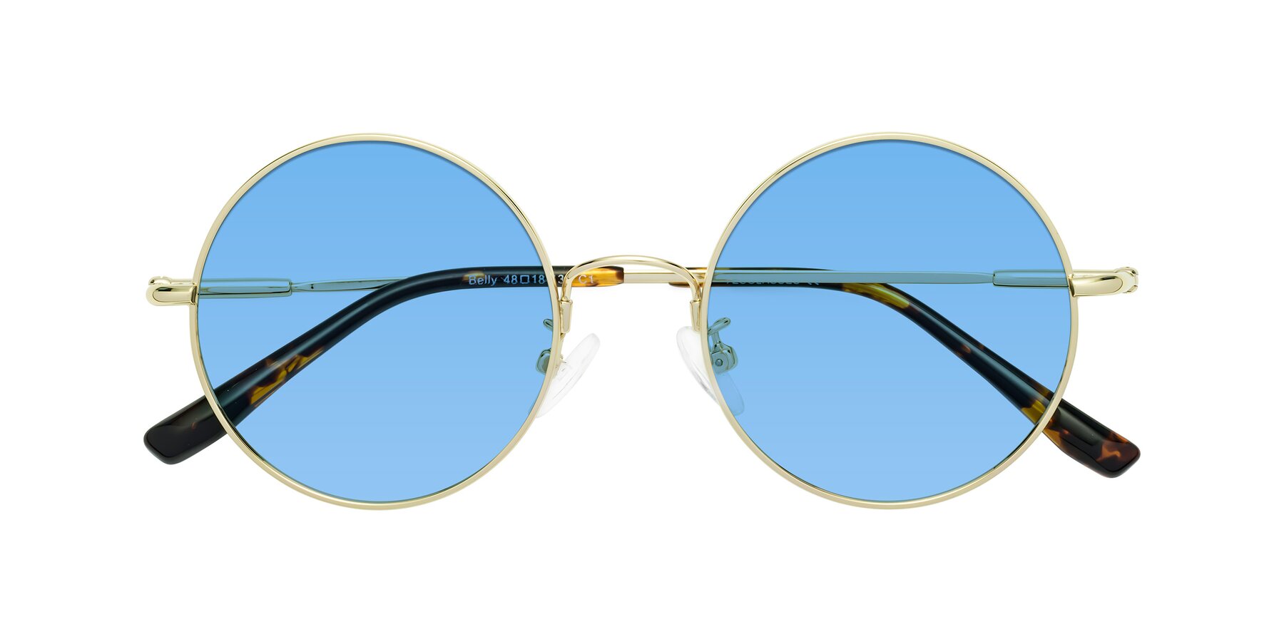 Folded Front of Belly in Gold with Medium Blue Tinted Lenses