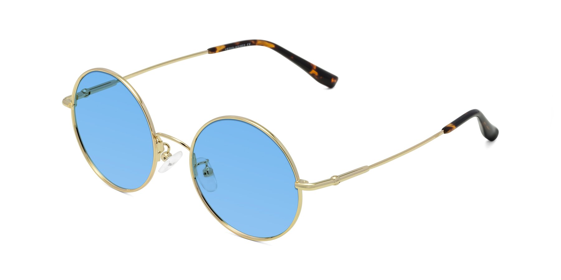 Angle of Belly in Gold with Medium Blue Tinted Lenses