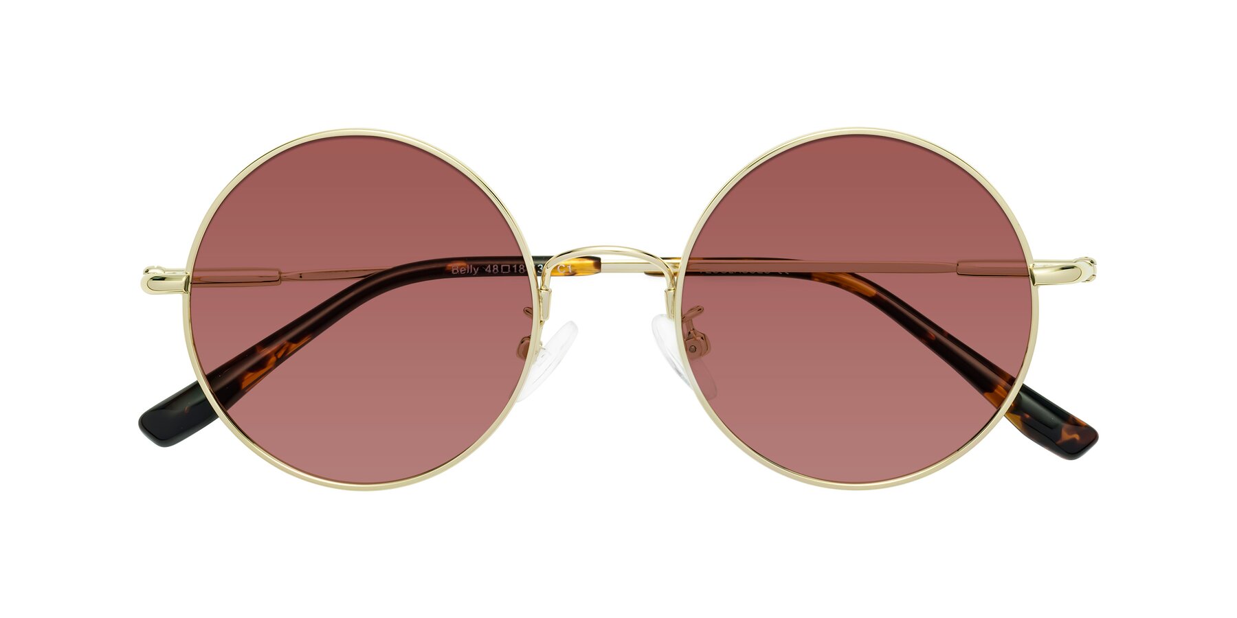 Folded Front of Belly in Gold with Garnet Tinted Lenses