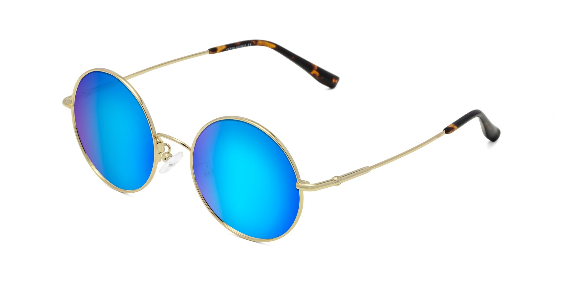 Angle of Belly in Gold with Blue Mirrored Lenses