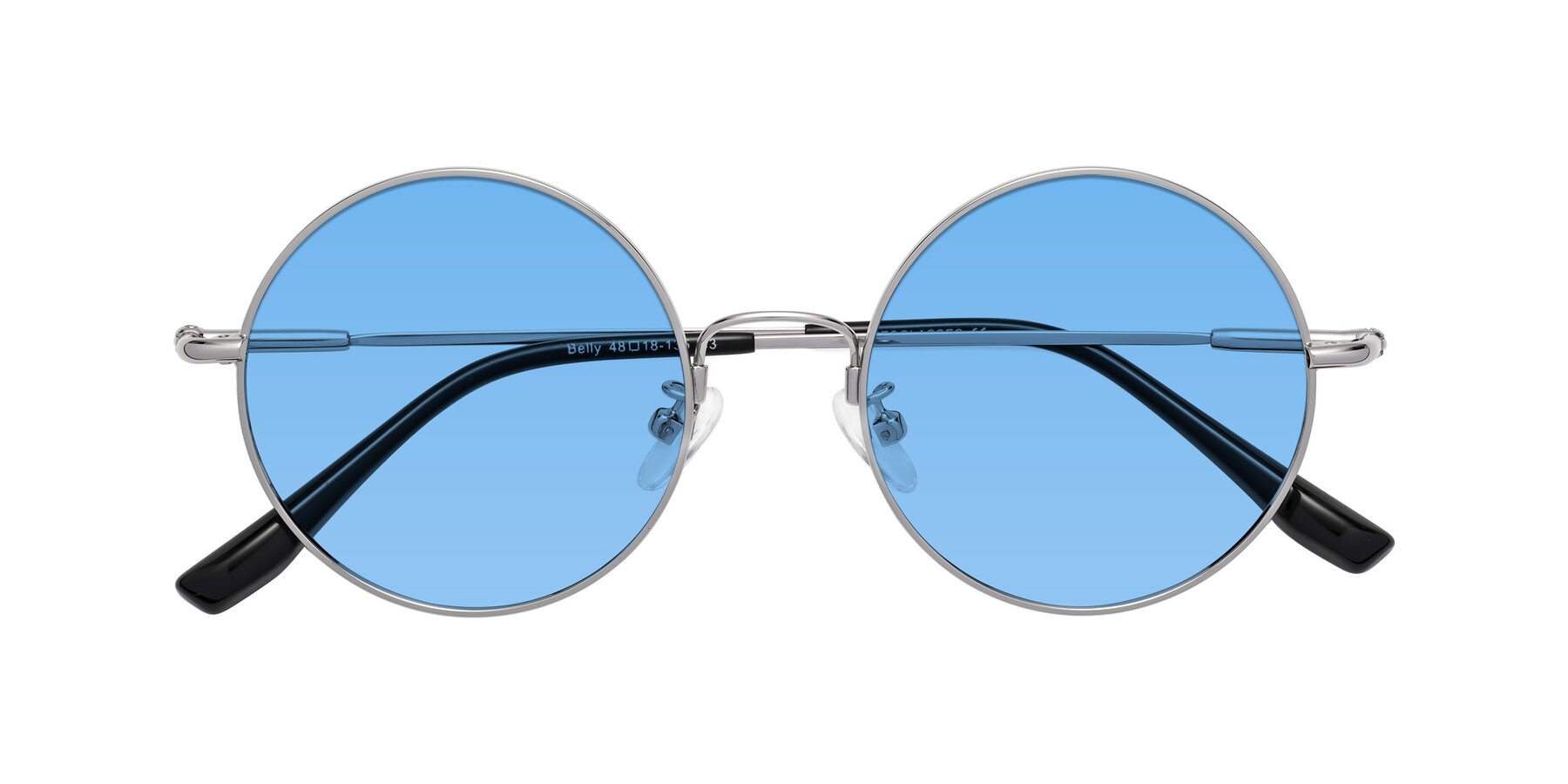 Silver Retro-Vintage Flexible Round Tinted Sunglasses with Medium Blue Sunwear Lenses
