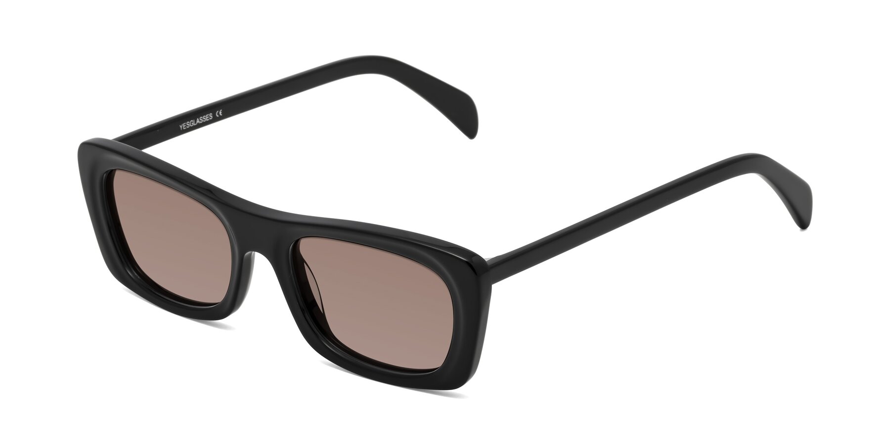 Angle of Figge in Black with Medium Brown Tinted Lenses