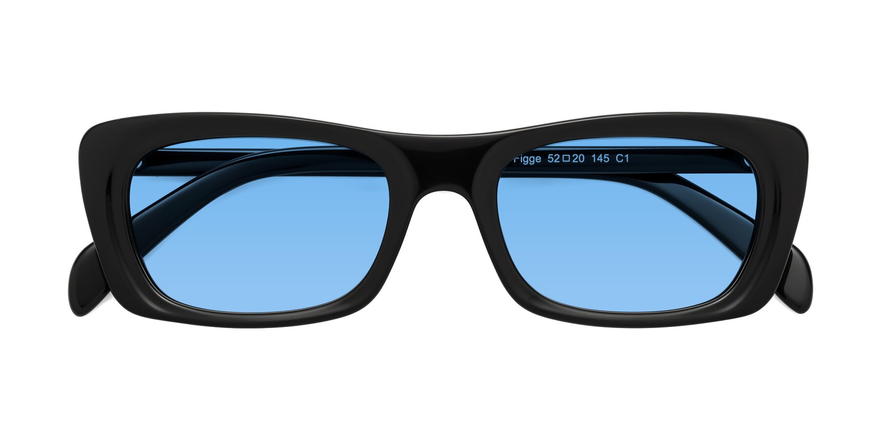 Folded Front of Figge in Black with Medium Blue Tinted Lenses