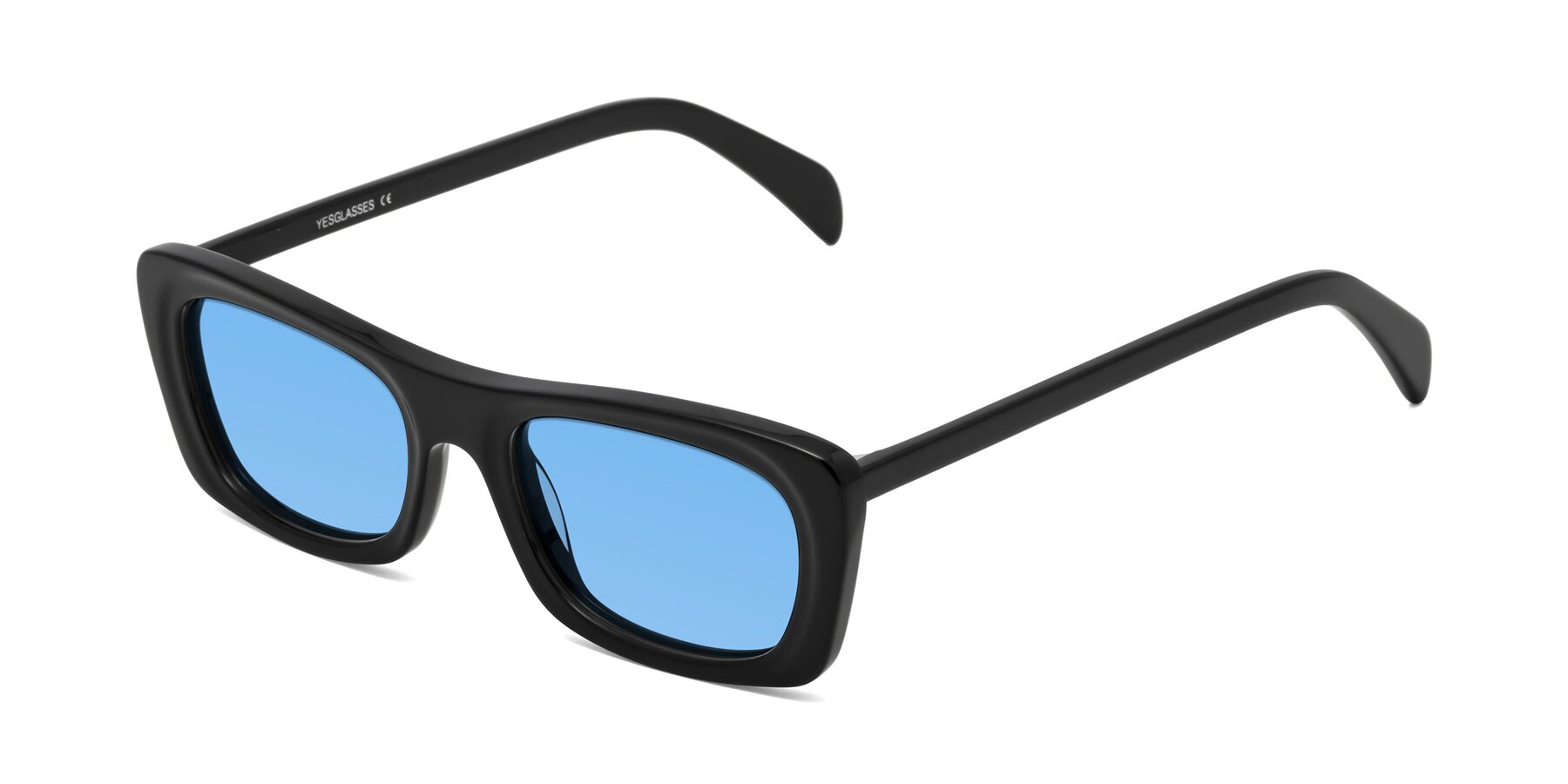Angle of Figge in Black with Medium Blue Tinted Lenses