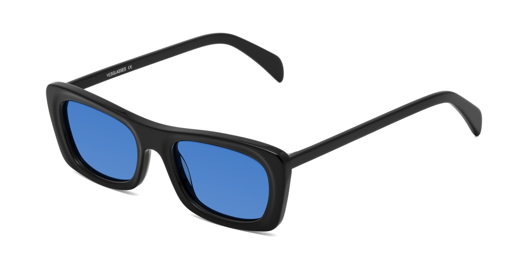 Angle of Figge in Black with Blue Tinted Lenses