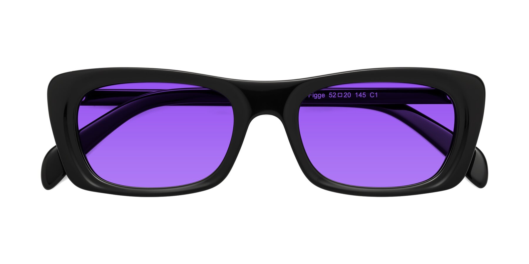 Folded Front of Figge in Black with Purple Tinted Lenses