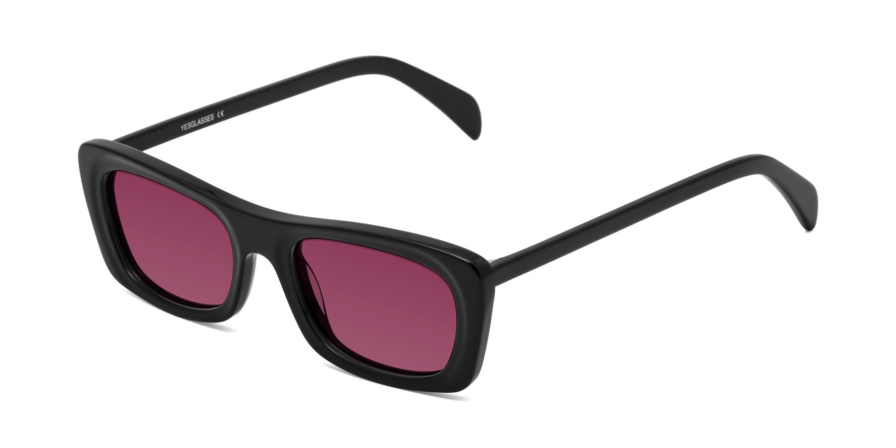 Angle of Figge in Black with Wine Tinted Lenses