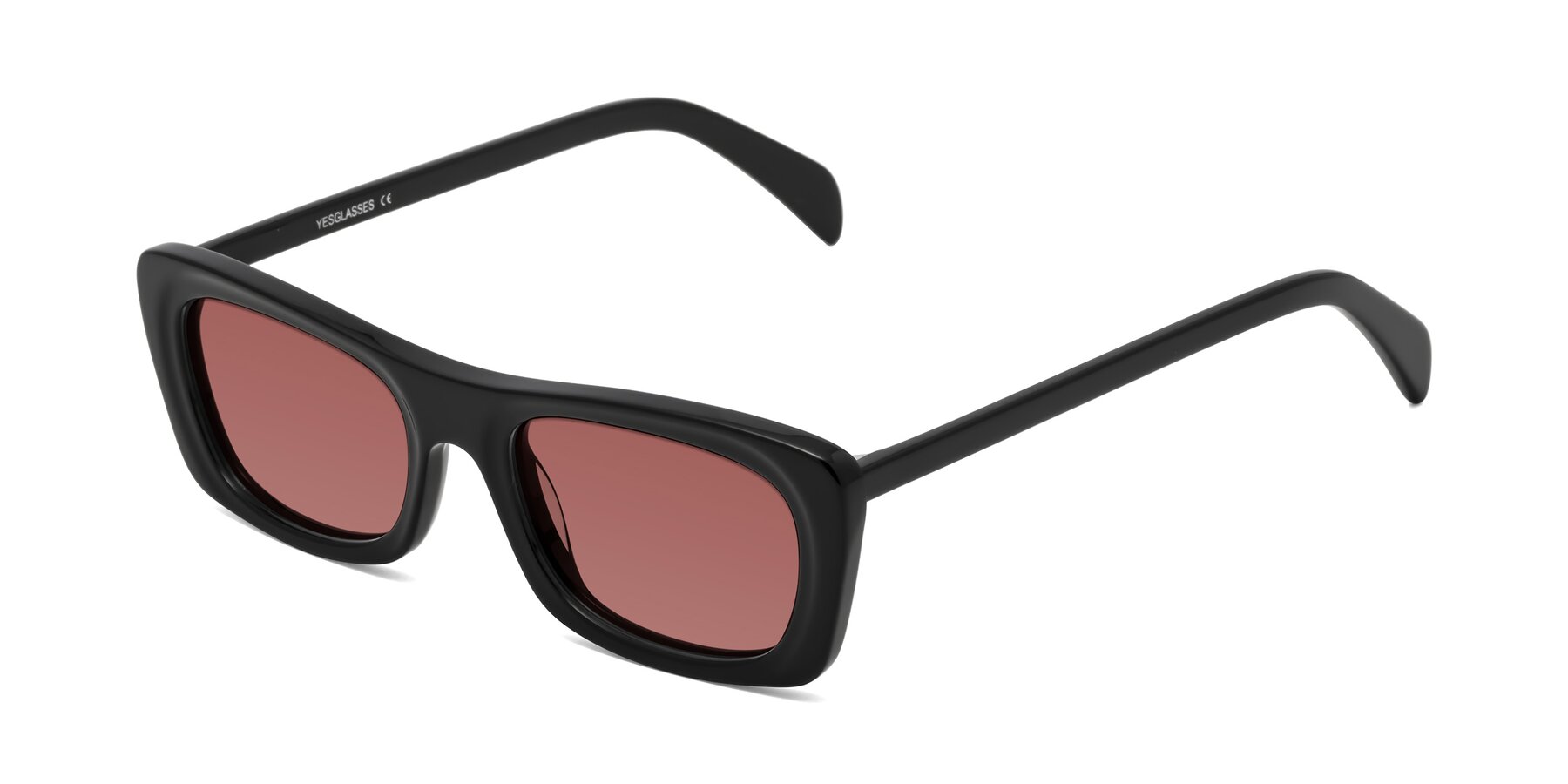 Angle of Figge in Black with Garnet Tinted Lenses